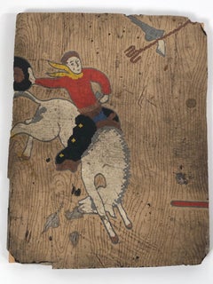 Rare Mid Century Hand-Painted Linoleum Floor Tiles Cowboy Indian