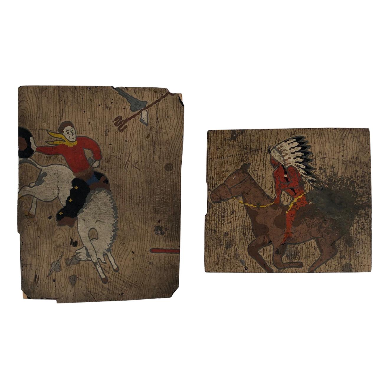 Rare Mid Century Hand-Painted Linoleum Floor Tiles Cowboy Indian