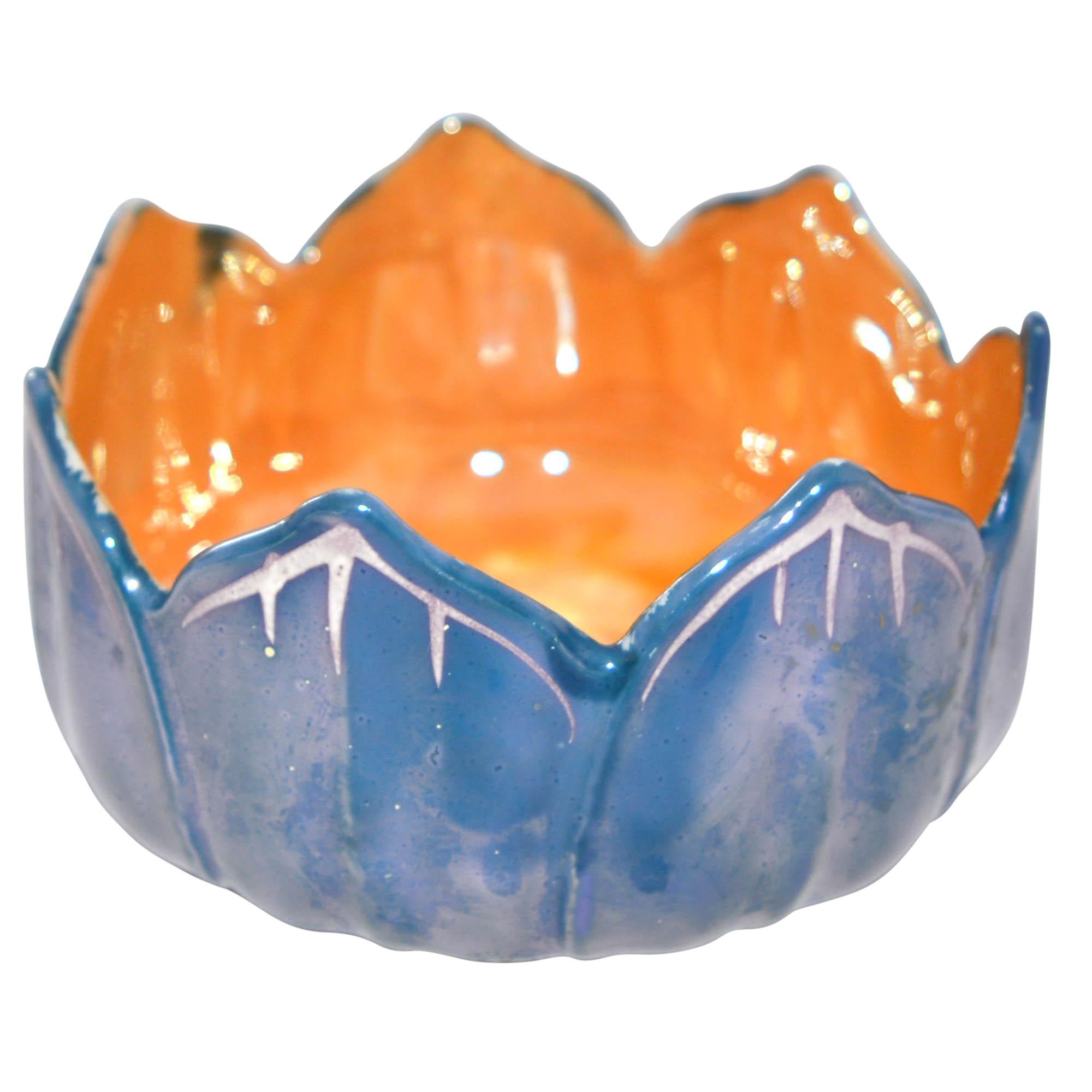 Mid-Century Modern Hand Painted Lotus Designed Bowl Lusterware Blue For Sale