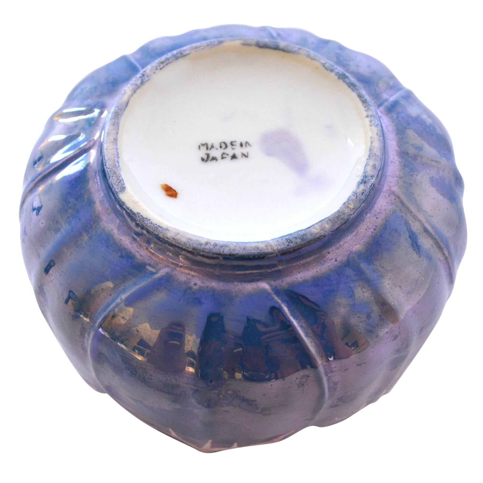 Hand Painted Lotus Designed Bowl Lusterware Blue In Good Condition For Sale In Pataskala, OH