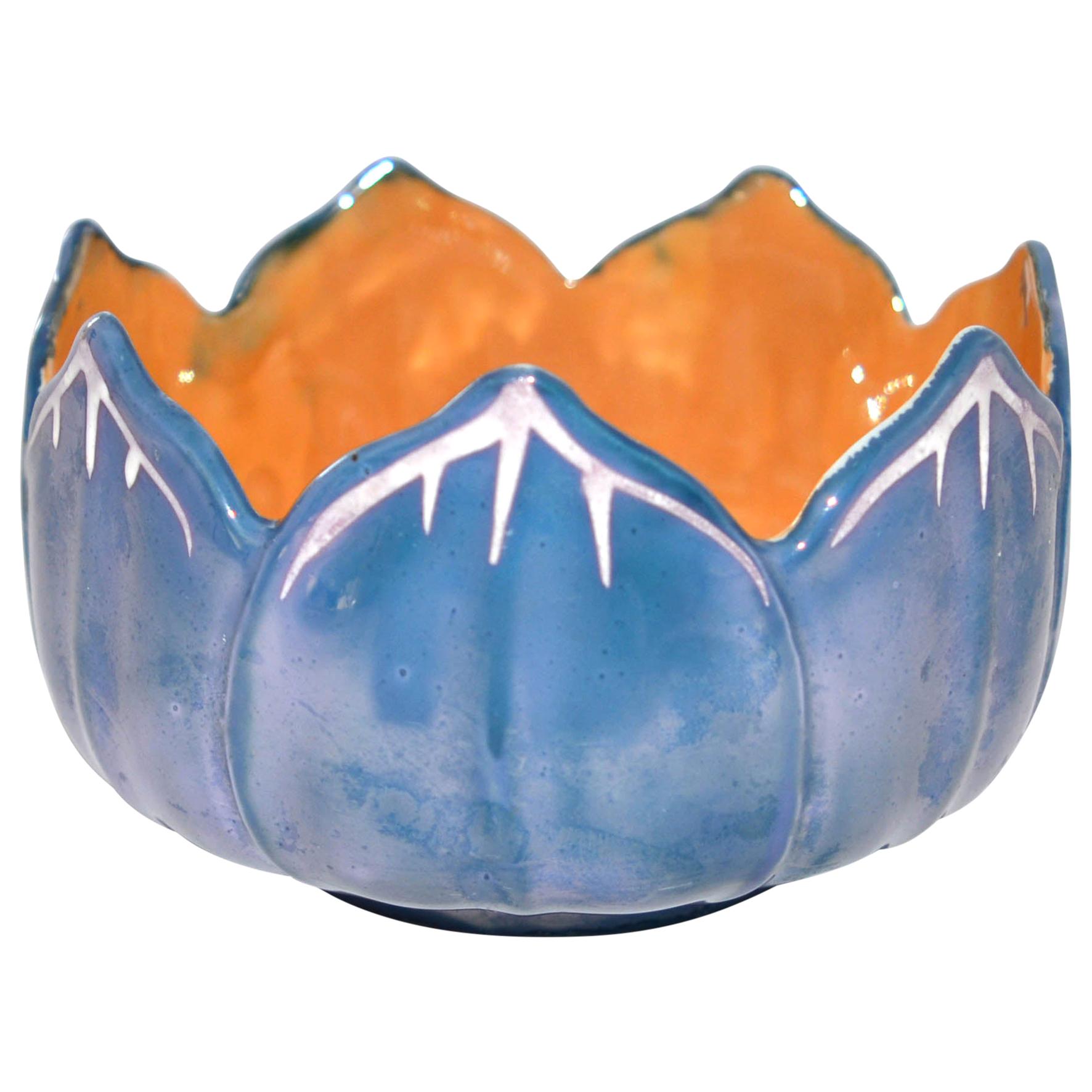 Hand Painted Lotus Designed Bowl Lusterware Blue For Sale