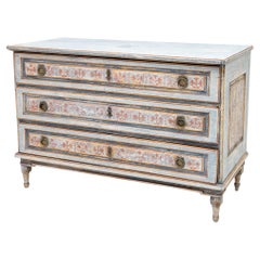 Hand-painted Louis Seize Chest of Drawers with Blue and Red Decor, Late 18th C.