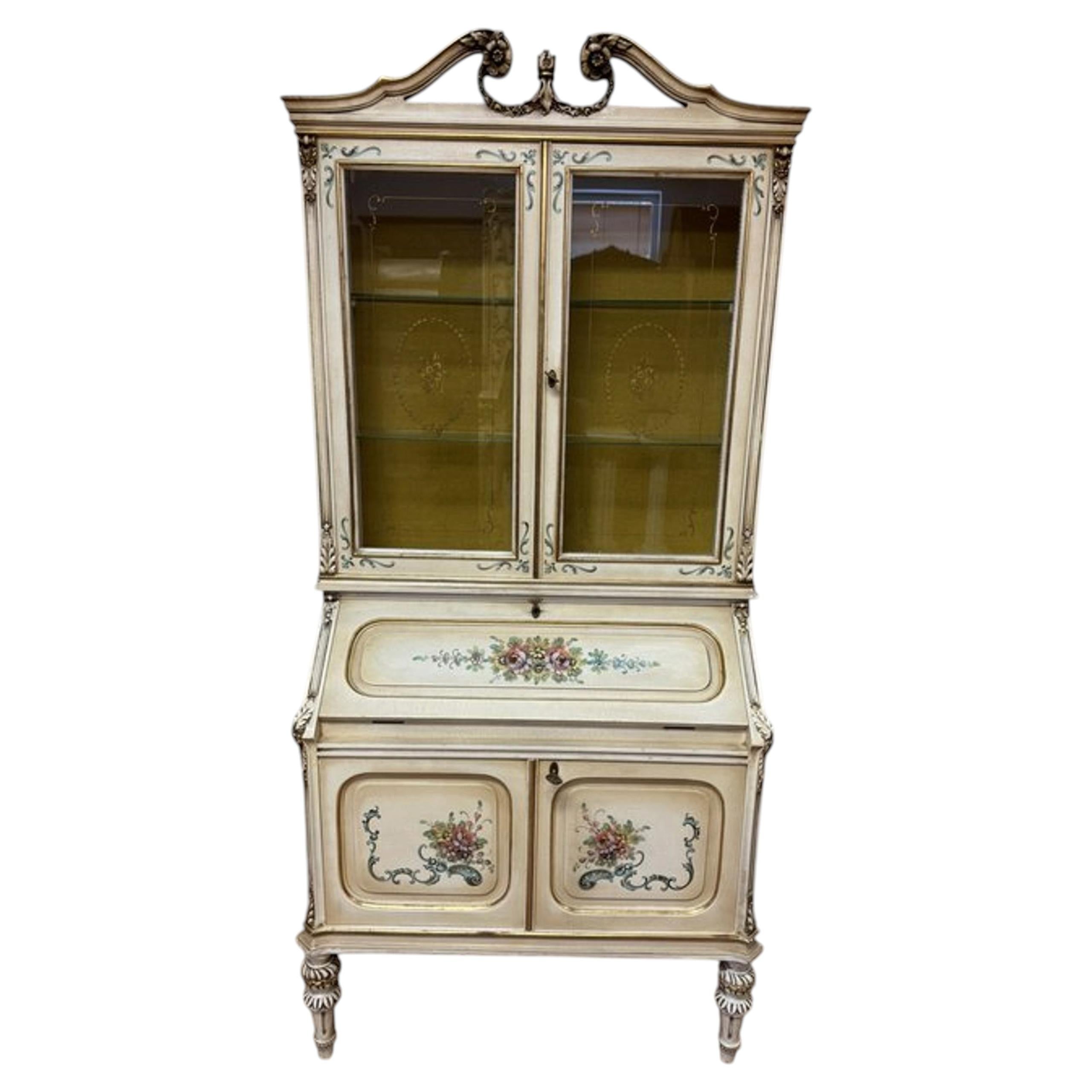 Hand-Painted Louis XV Style Secretary Display Cabinet