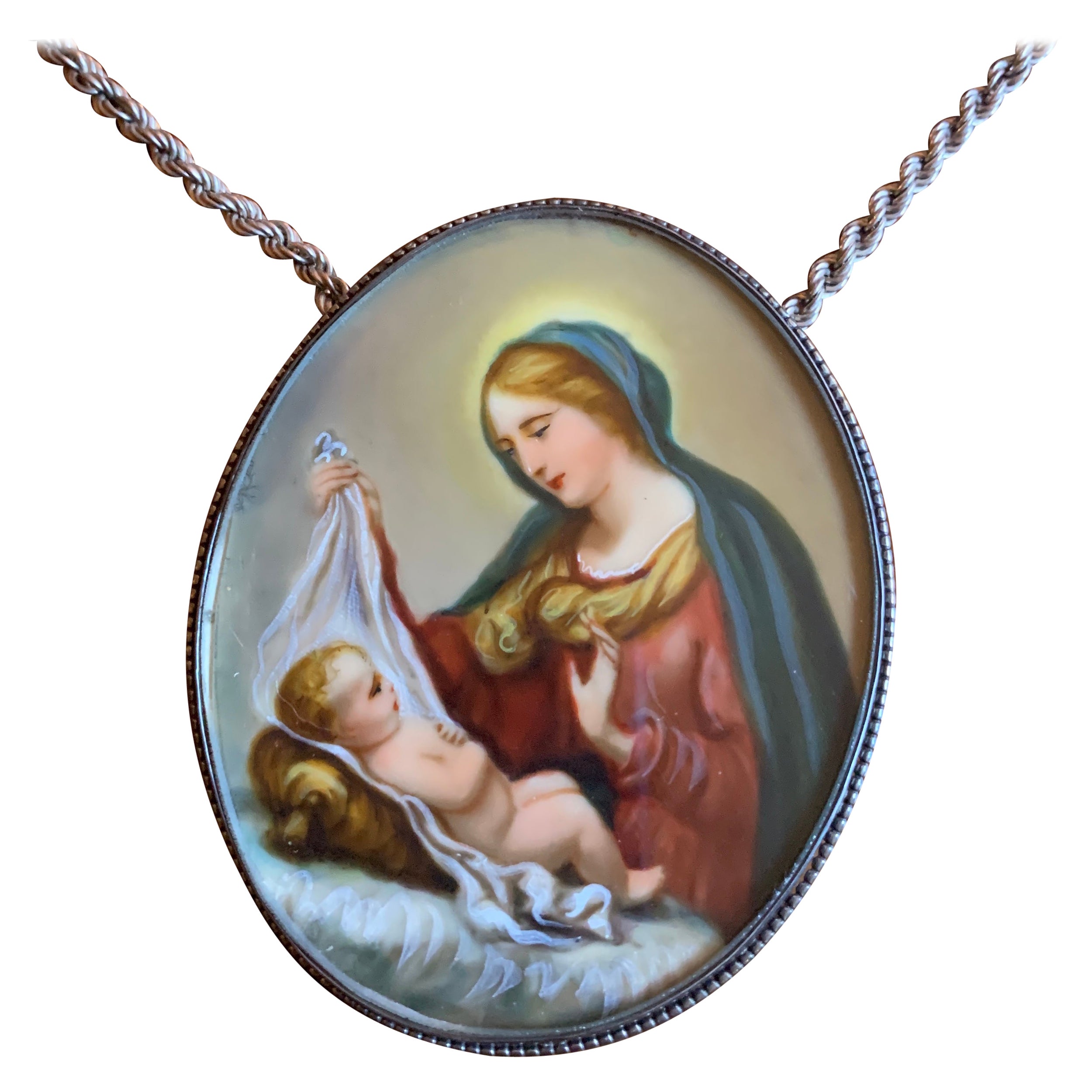 Collier miniature en argent sterling avec portrait de Madone et d'enfant peint à la main