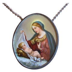 Collier miniature en argent sterling avec portrait de Madone et d'enfant peint à la main