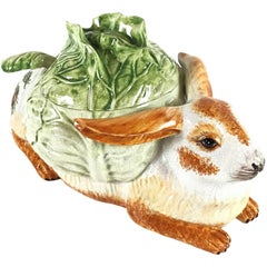 Hand-Painted Majolica Rabbit Soup Tureen, Crackle Glaze, 1940s, Italy