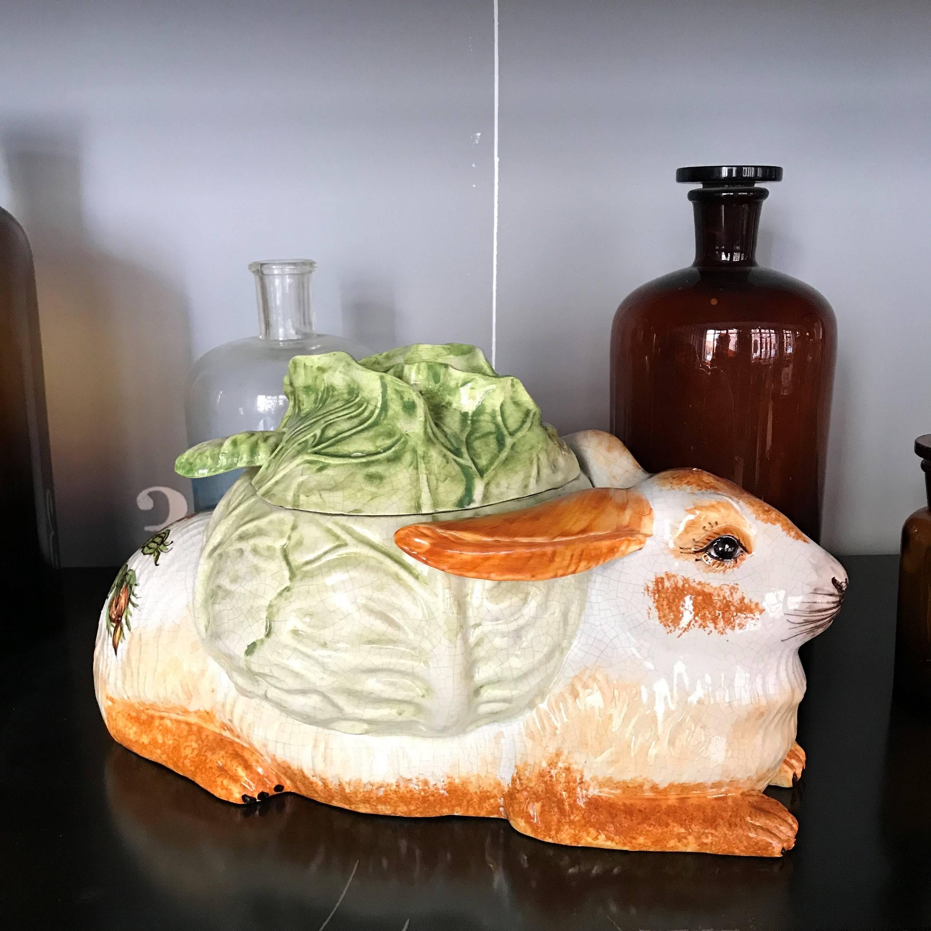 Hand-Painted Majolica Rabbit Soup Tureen, Crackle Glaze, 1940s, Italy 4