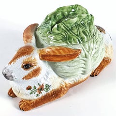 Hand-Painted Majolica Rabbit Soup Tureen, Crackle Glaze, 1940s, Italy