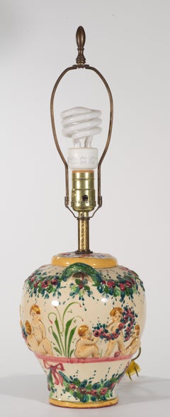Hand-painted Majolica Table Lamp with Handles, Italy 1940s - 1960s