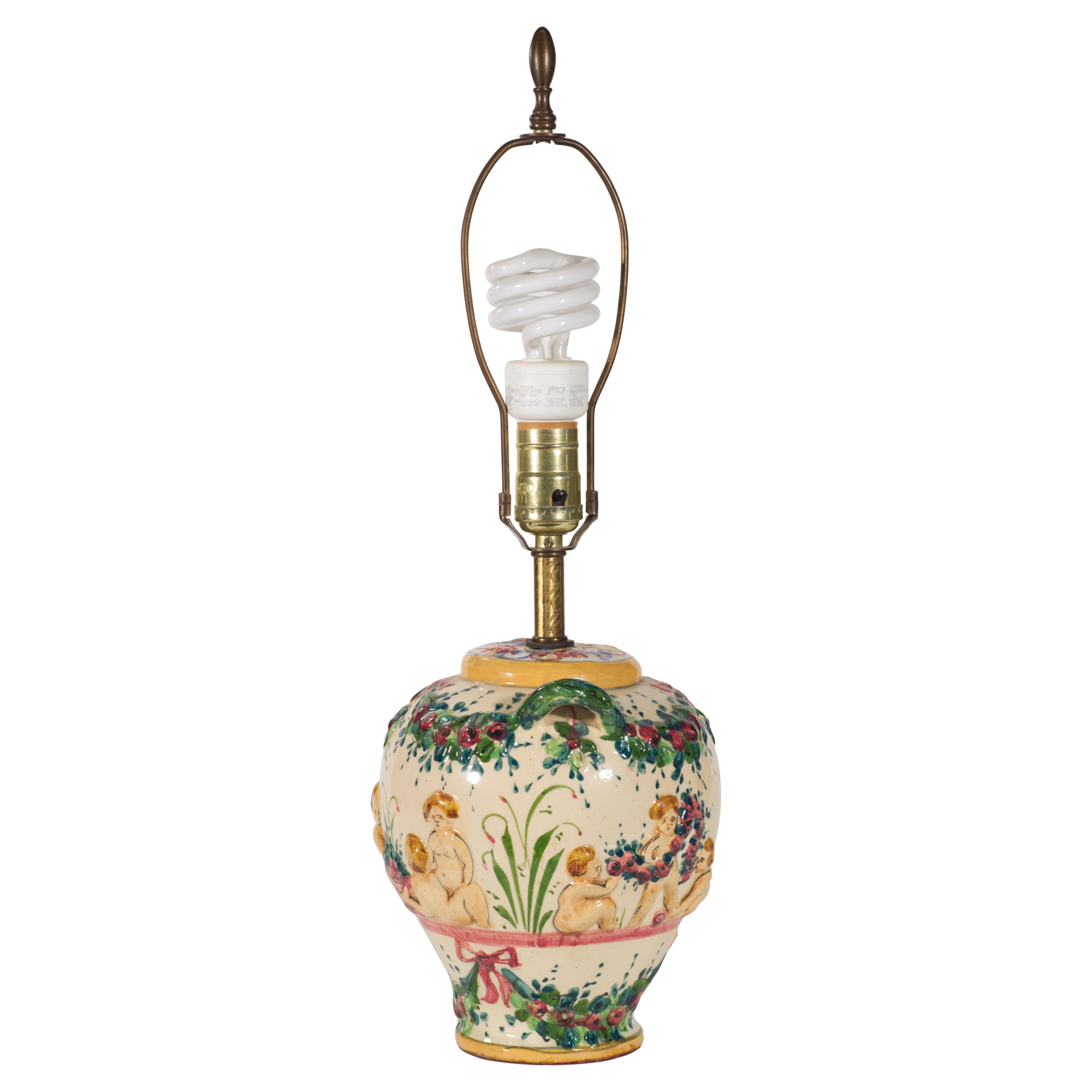 Lampada da tavolo in maiolica dipinta a mano con maniglie, Italia anni '40 - '60