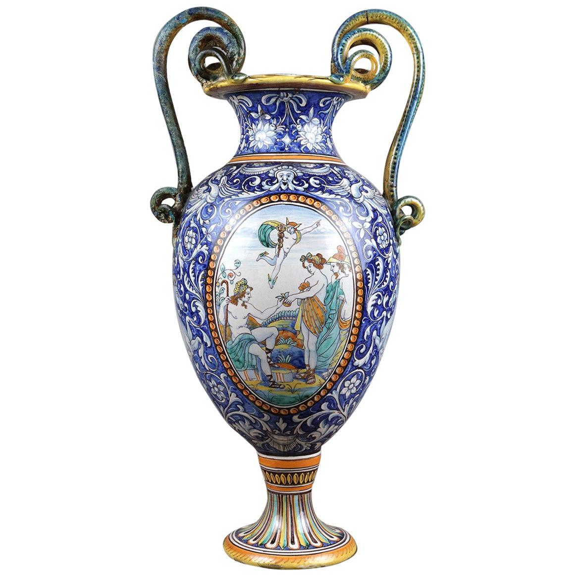 Hand Painted Majolica Vase with Serpents, 19th Century For Sale