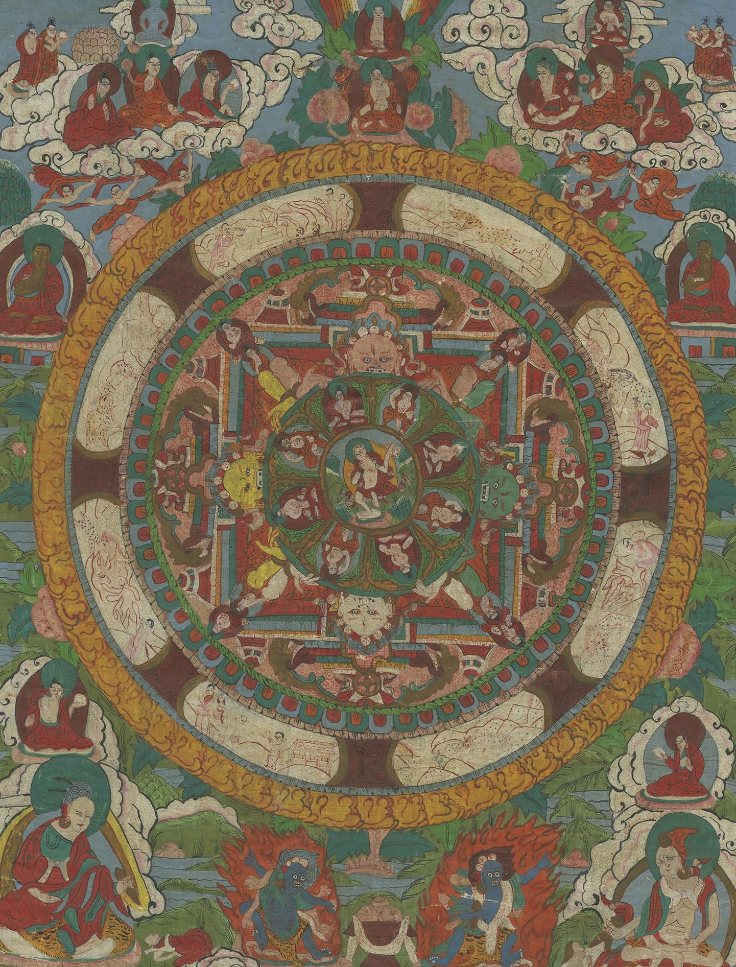 Beautiful antique mandala thangka. Thangkas are Tibetan scroll paintings. This thangka is painted on fabric and depicts a mandala and associated deities. Published early 20th century.