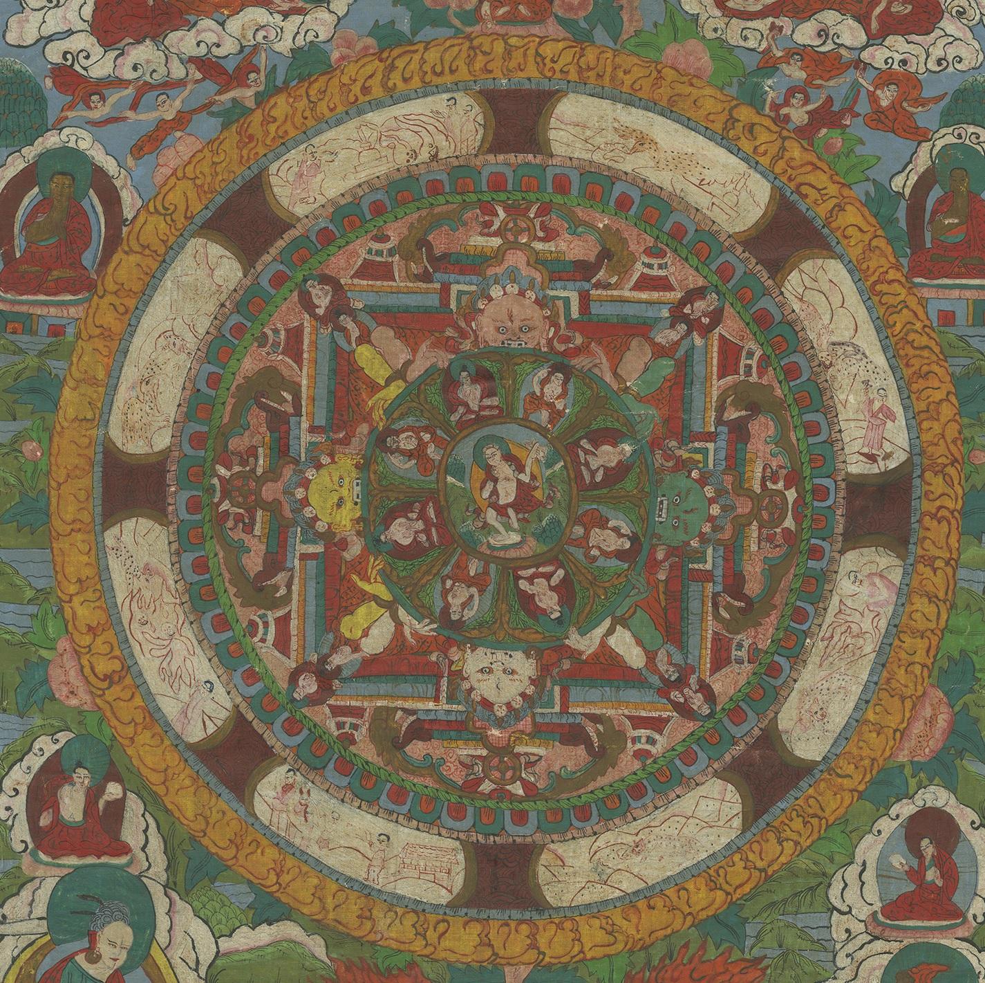 Hand-Painted Hand Painted Mandala Thangka, circa 1920 For Sale