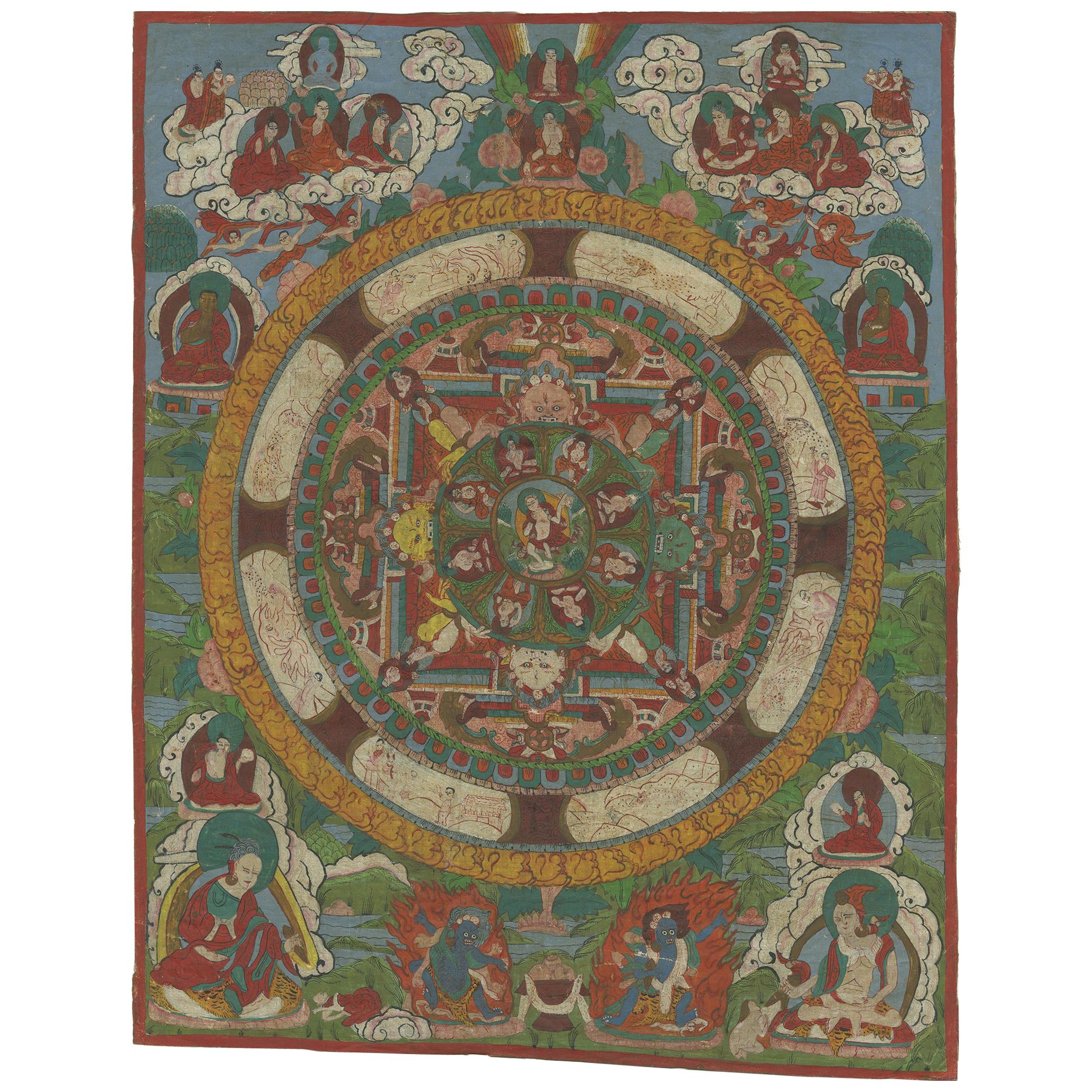 Hand Painted Mandala Thangka, circa 1920 For Sale