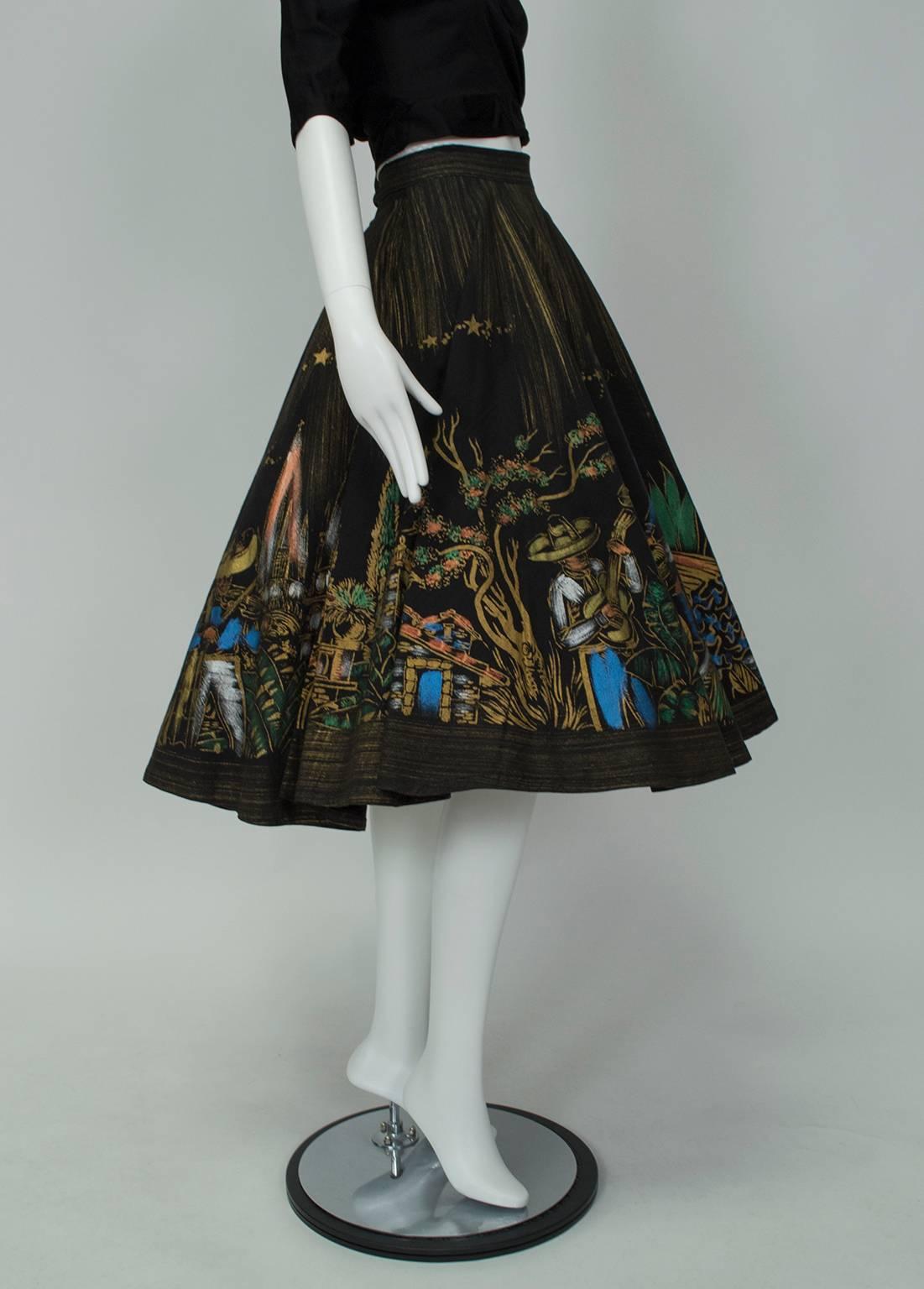 Don't let the basic black color and schoolgirl silhouette fool you: this skirt is anything but ordinary. Fully hand painted in shades of gold, terra cotta, green and azure blue, it features a full mariachi scene complete with a dancing couple around
