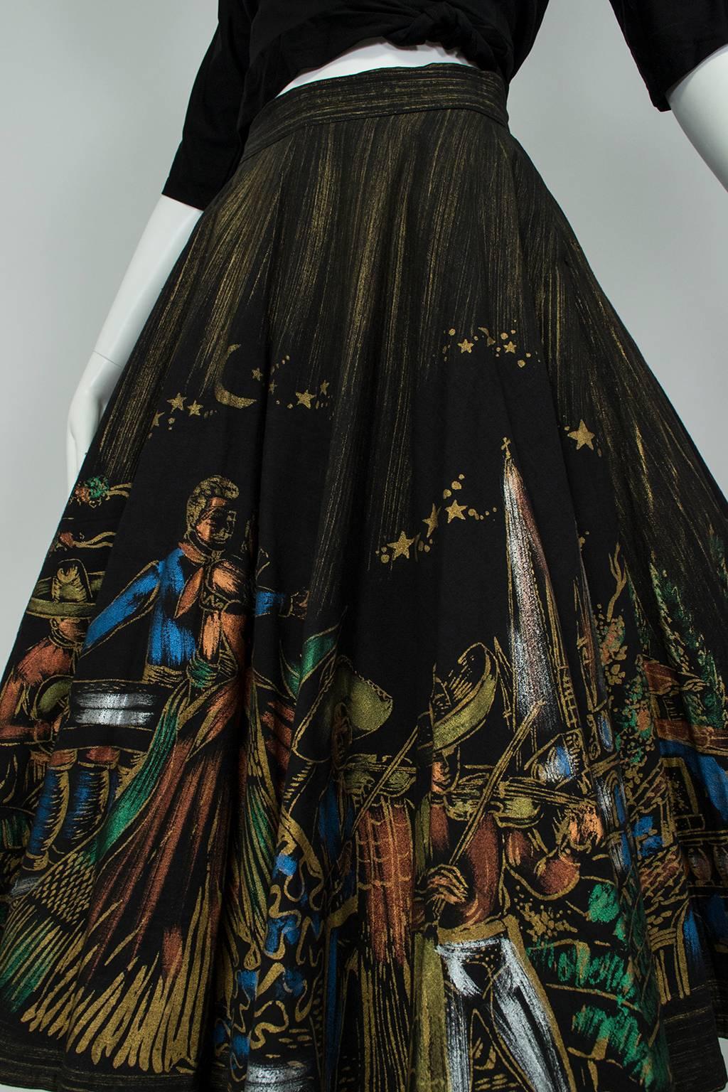 Black Hand Painted Mariachi Scene Mexican Circle Skirt - Jácome Estate, 1950s