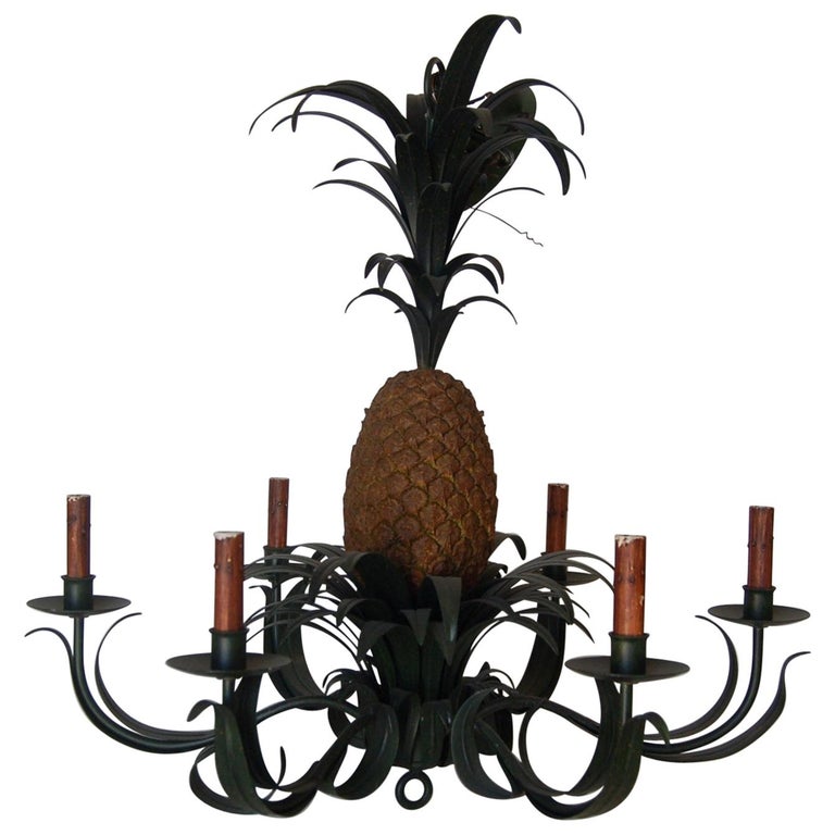 Hand Painted Metal Figural Pineapple Chandelier Light Fixture at