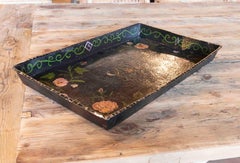 Hand-Painted Metal Tray in Black with Flower Decoration