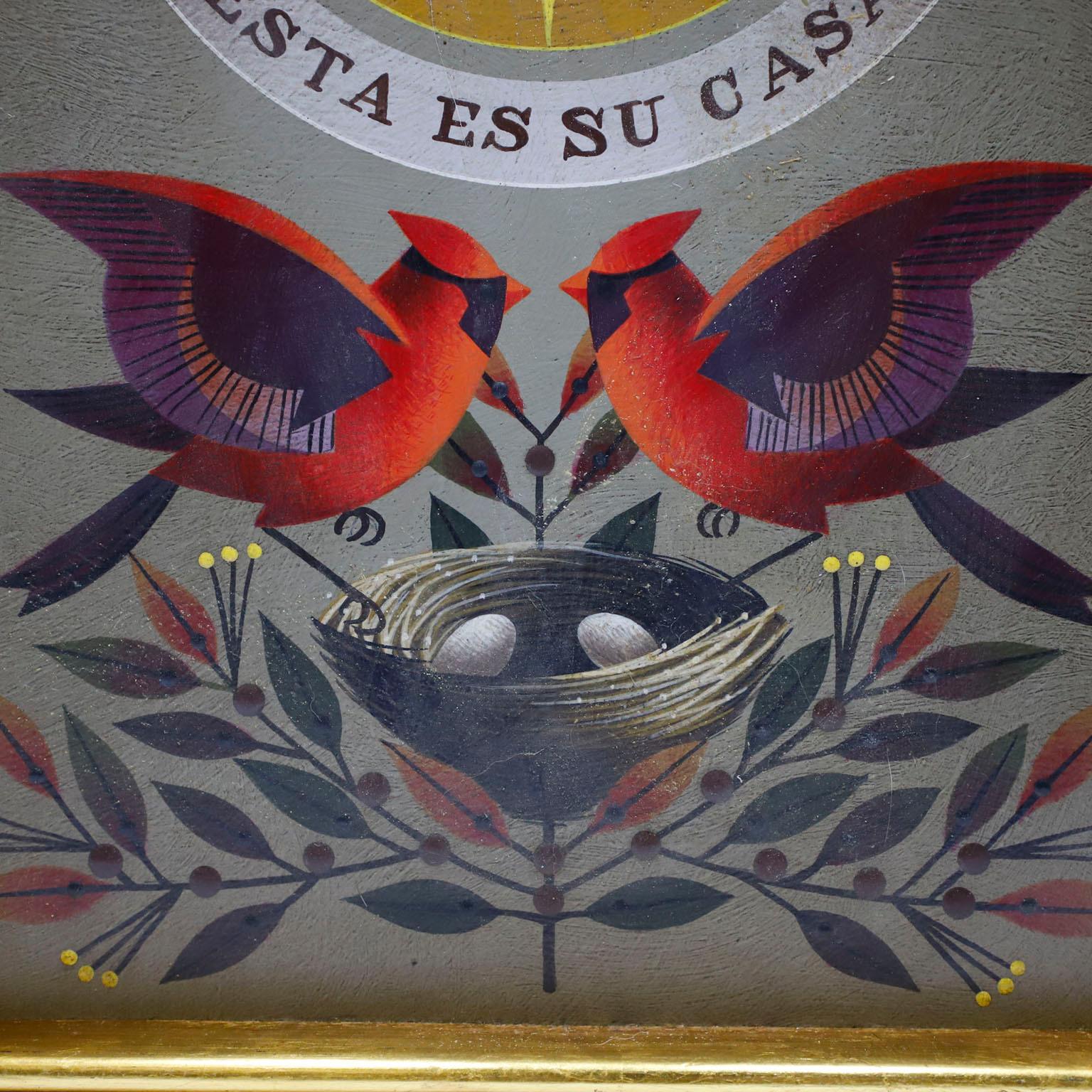 CIRCA 1970. Nous vous proposons cette horloge murale mexicaine peinte à la main par Alejandro Rangel Hidalgo, réalisée en bois avec 
quelques détails à la feuille d'or.

Alejandro Rangel Hidalgo (1923-2000) était un artiste, graphiste et artisan