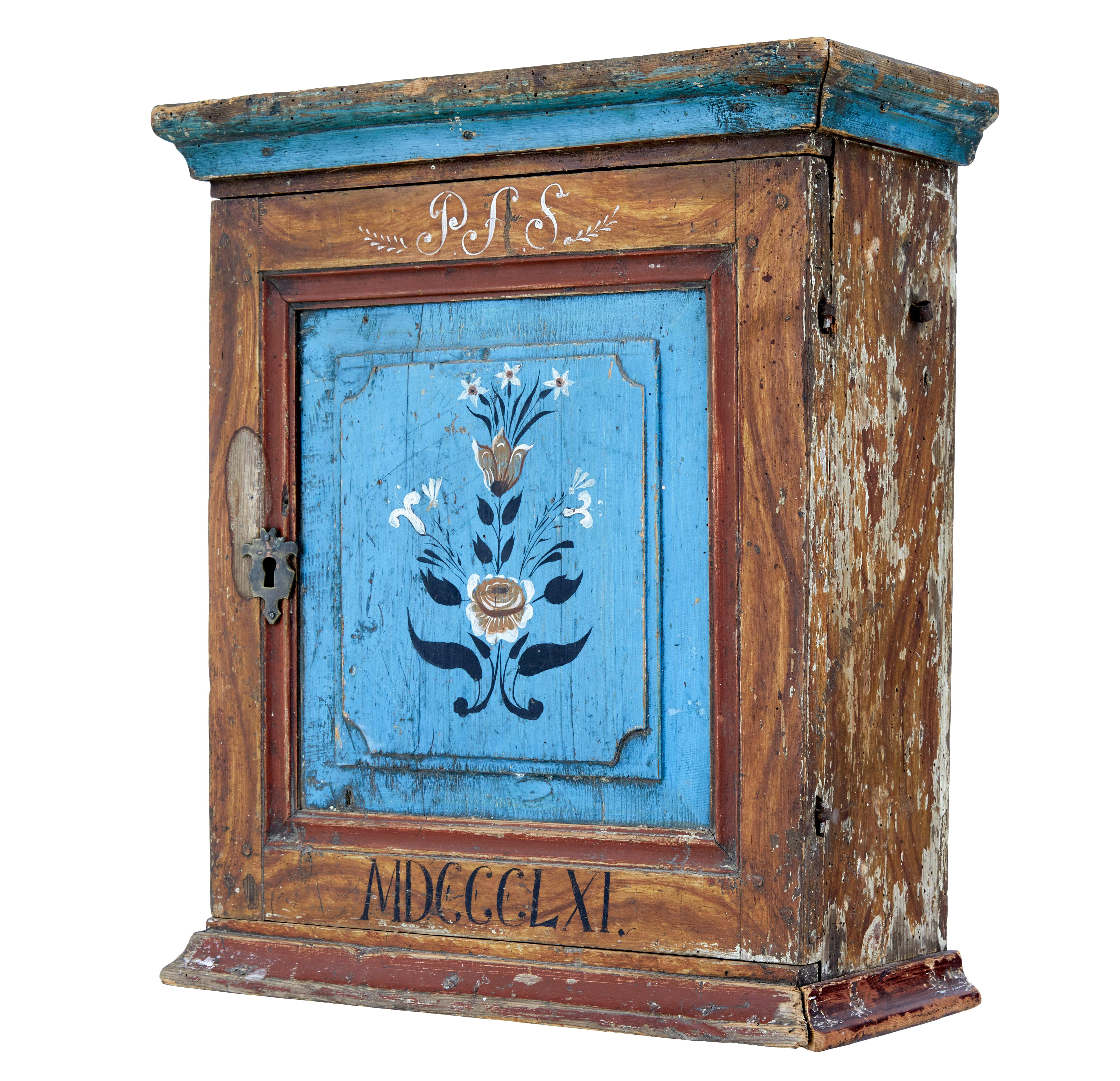 Hand-Crafted Hand painted mid 19th century Swedish pine wall cupboard For Sale