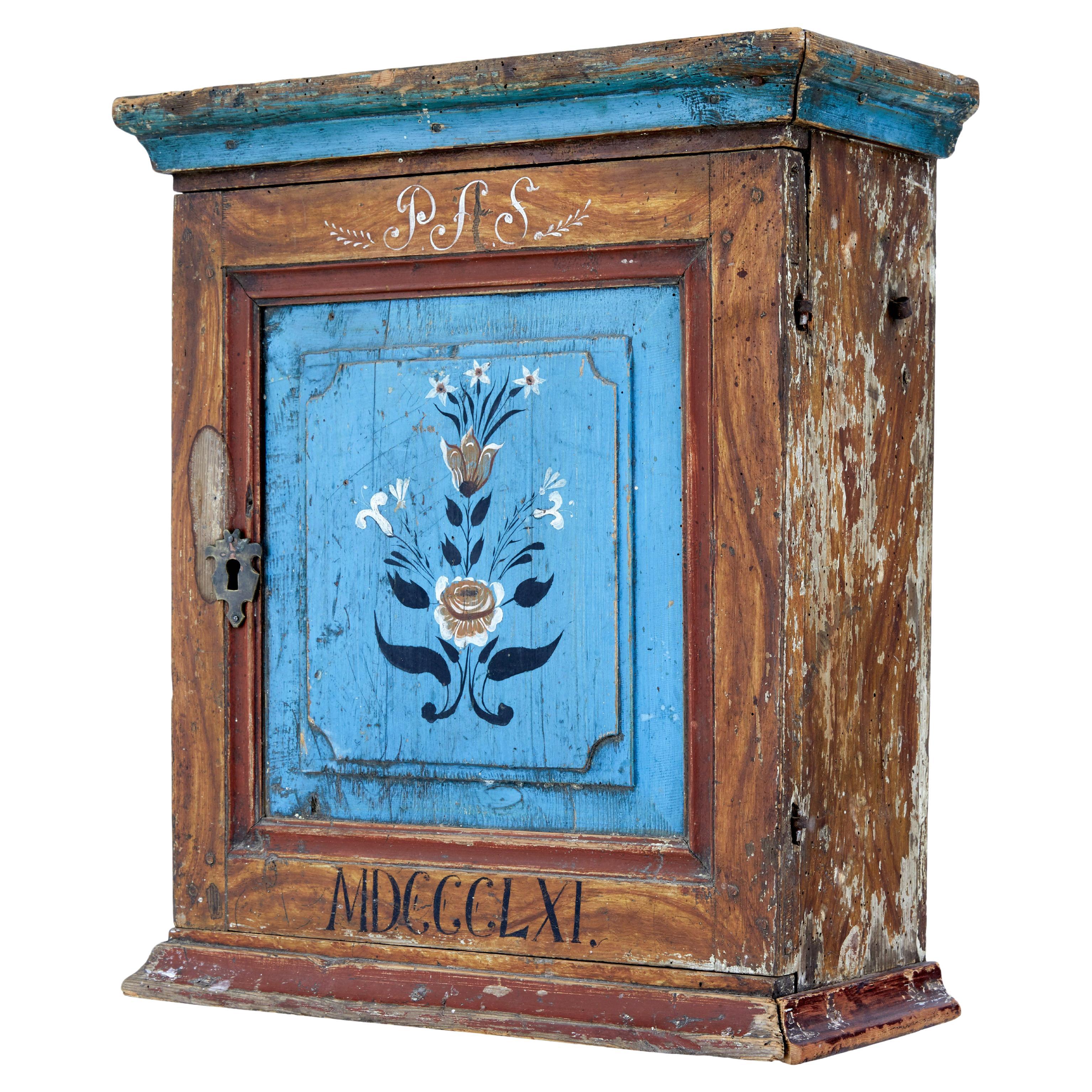 Hand painted mid 19th century Swedish pine wall cupboard For Sale