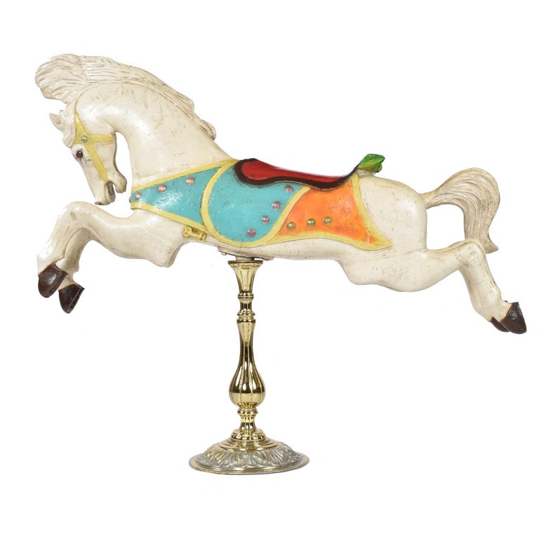 Hollywood Regency Hand Painted Midcentury Resin White Jumper Carousel Horse by C.W. Parker For Sale