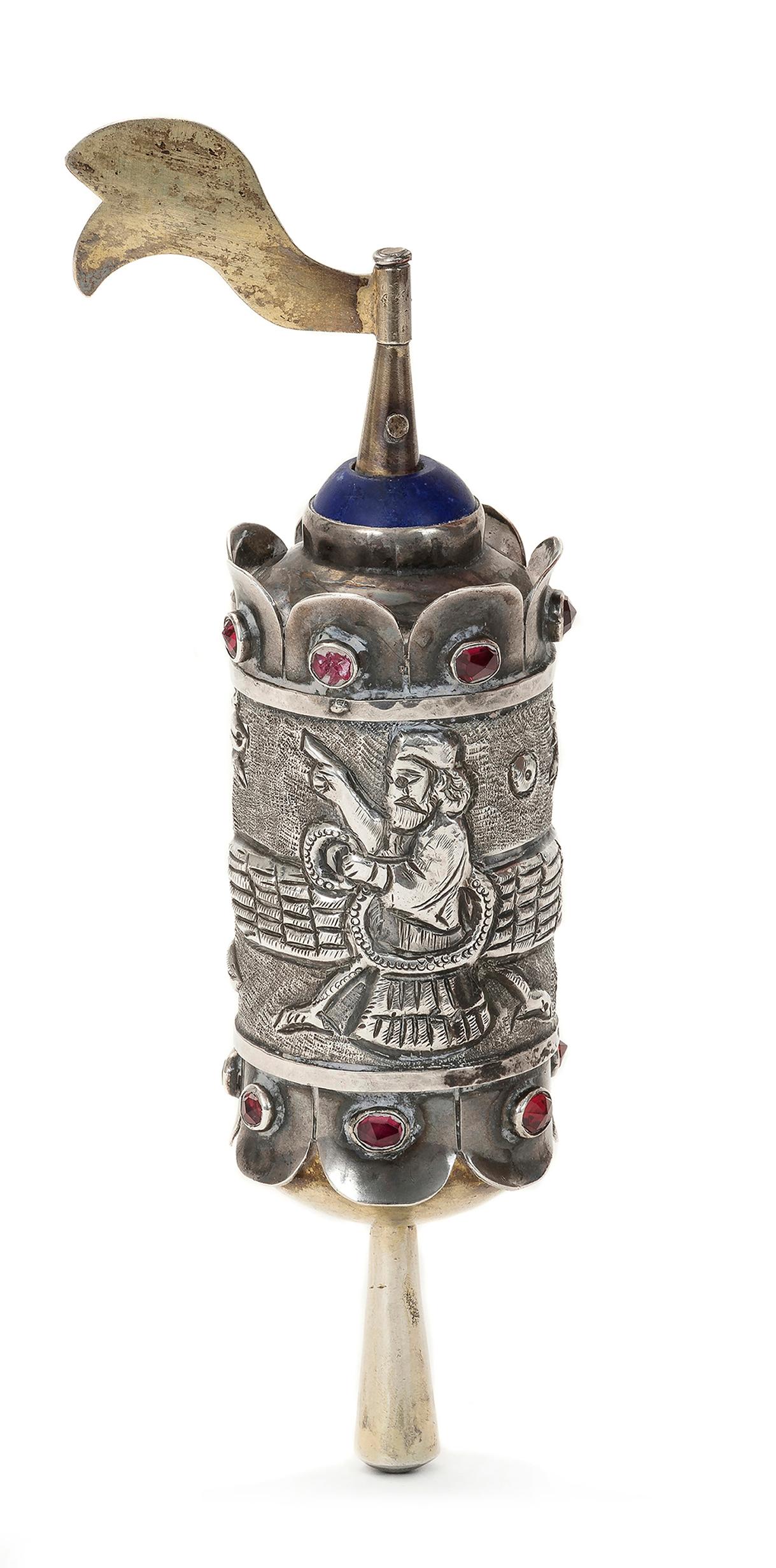 Israélien Rouleau d'Esther miniature peint à la main, présenté dans un élégant coffret en argent en vente