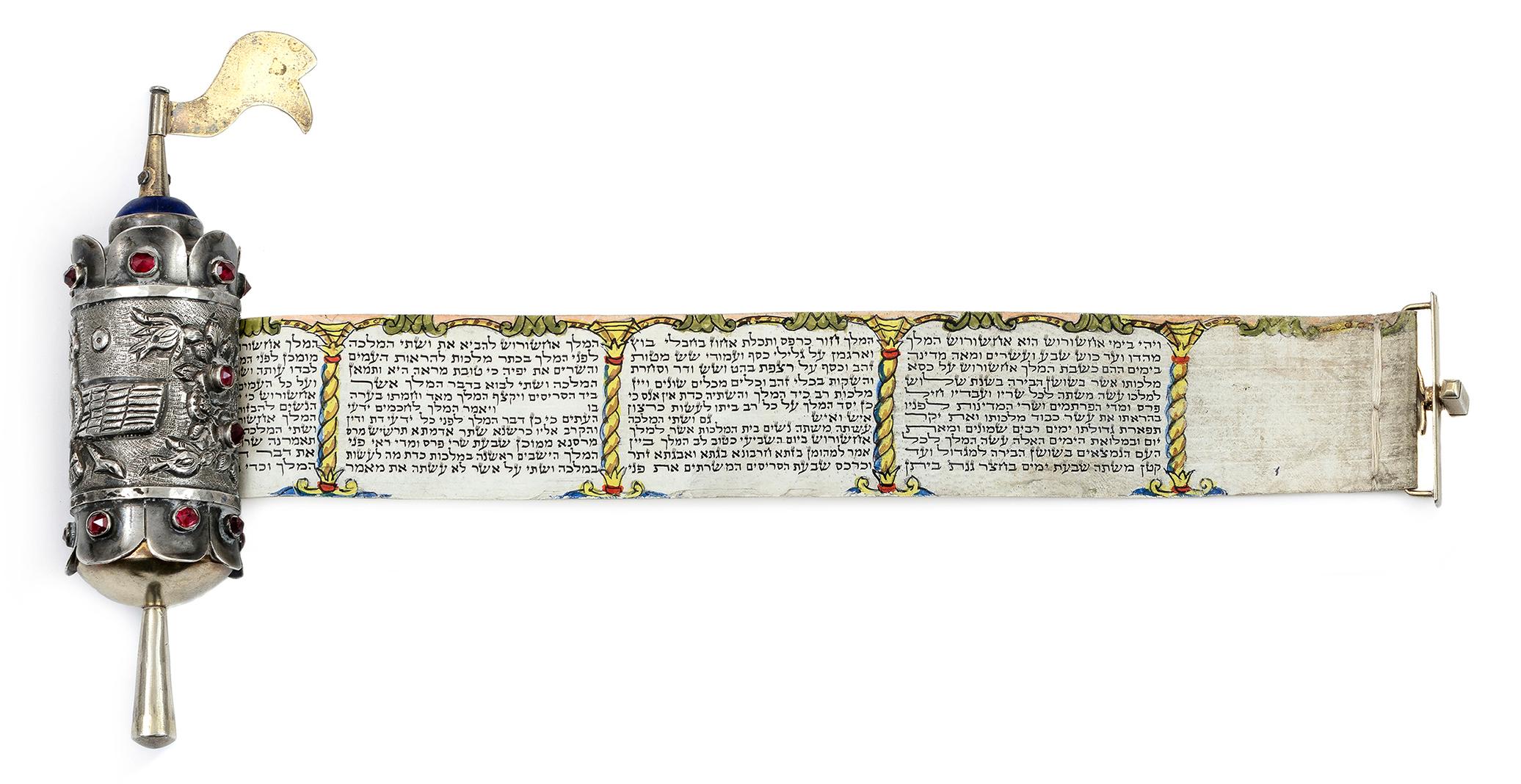 Rouleau d'Esther miniature peint à la main, présenté dans un élégant coffret en argent Bon état - En vente à New York, NY