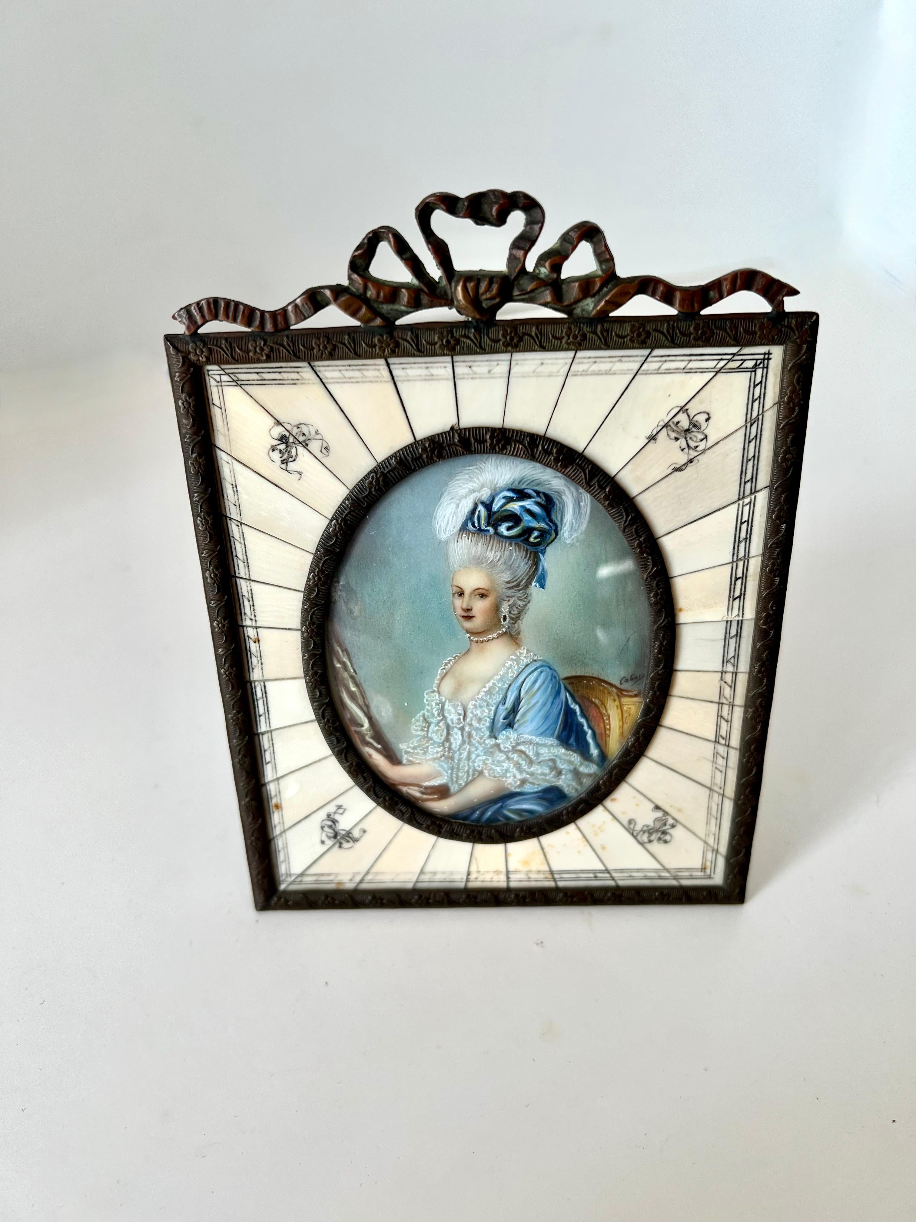 Victorian Hand Painted Miniature Portrait of a Lady ca. late 19th C. Bronze and Bone Frame For Sale