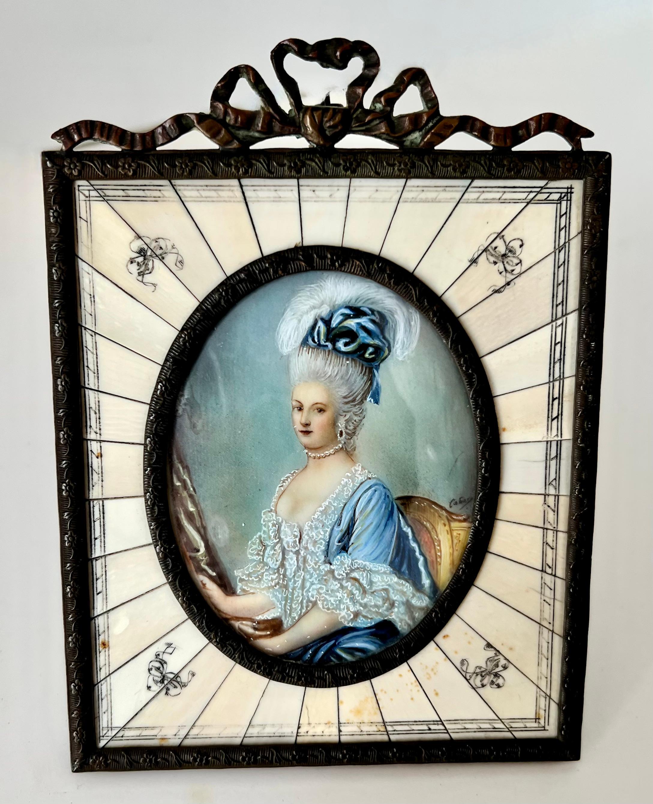 Patinated Hand Painted Miniature Portrait of a Lady ca. late 19th C. Bronze and Bone Frame For Sale
