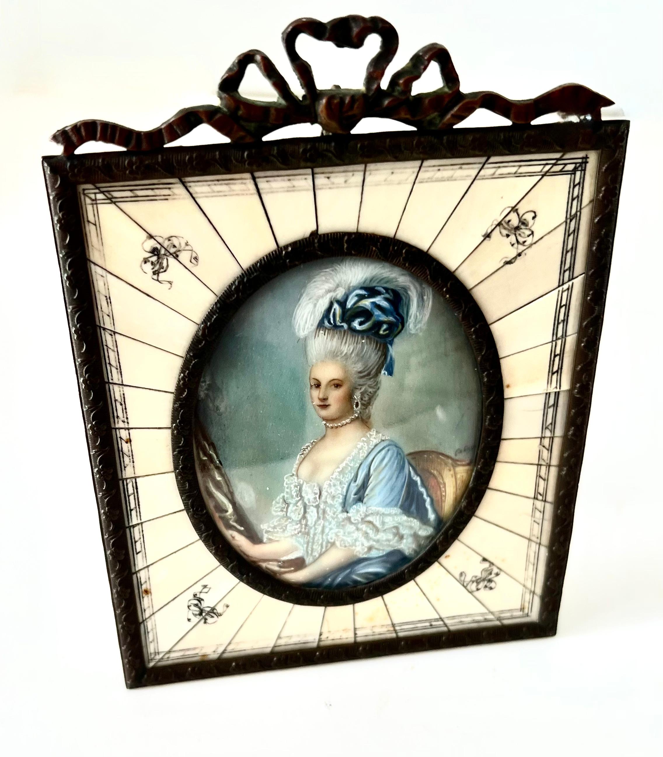 19th Century Hand Painted Miniature Portrait of a Lady ca. late 19th C. Bronze and Bone Frame For Sale