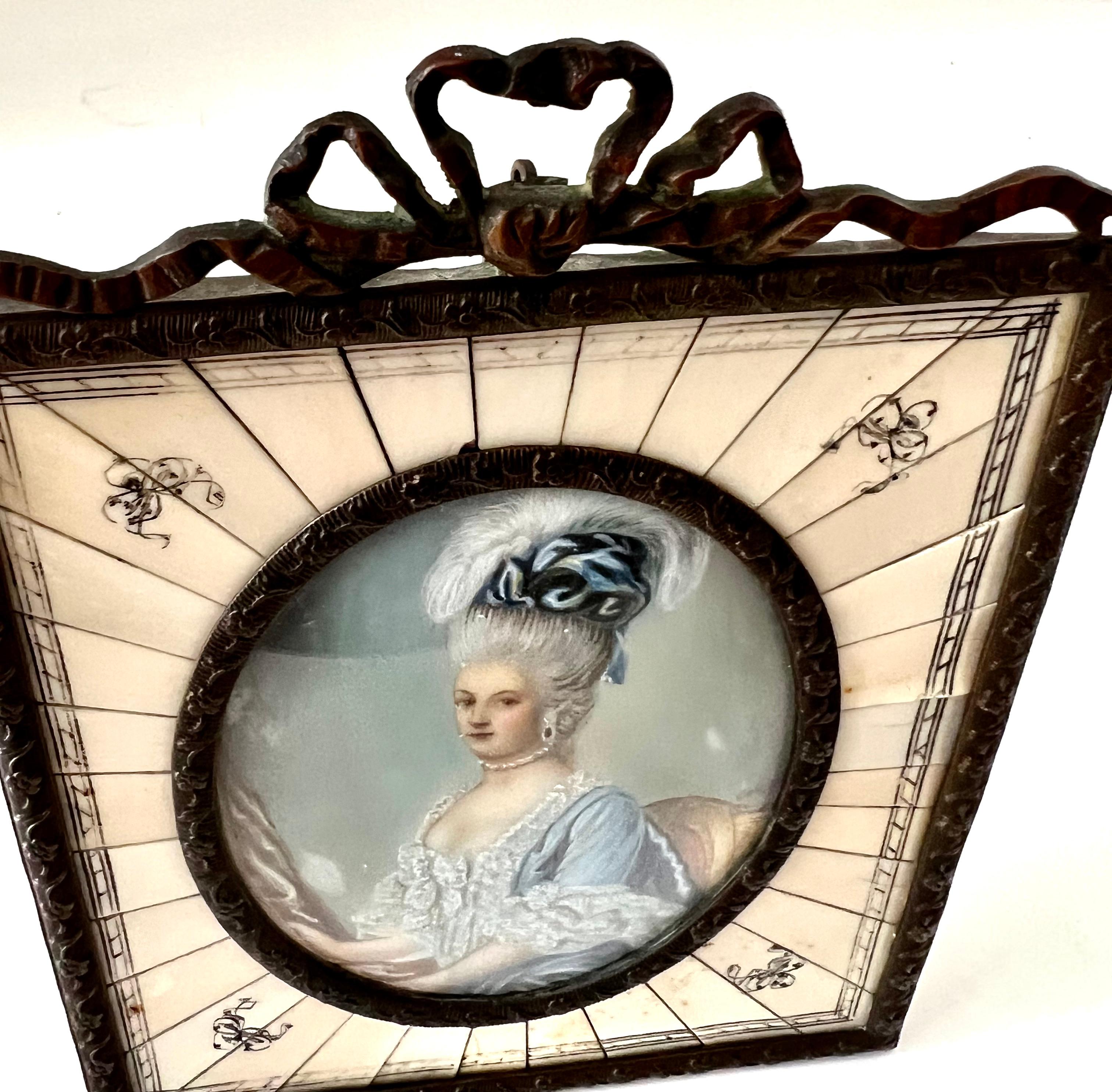 Hand Painted Miniature Portrait of a Lady ca. late 19th C. Bronze and Bone Frame For Sale 1
