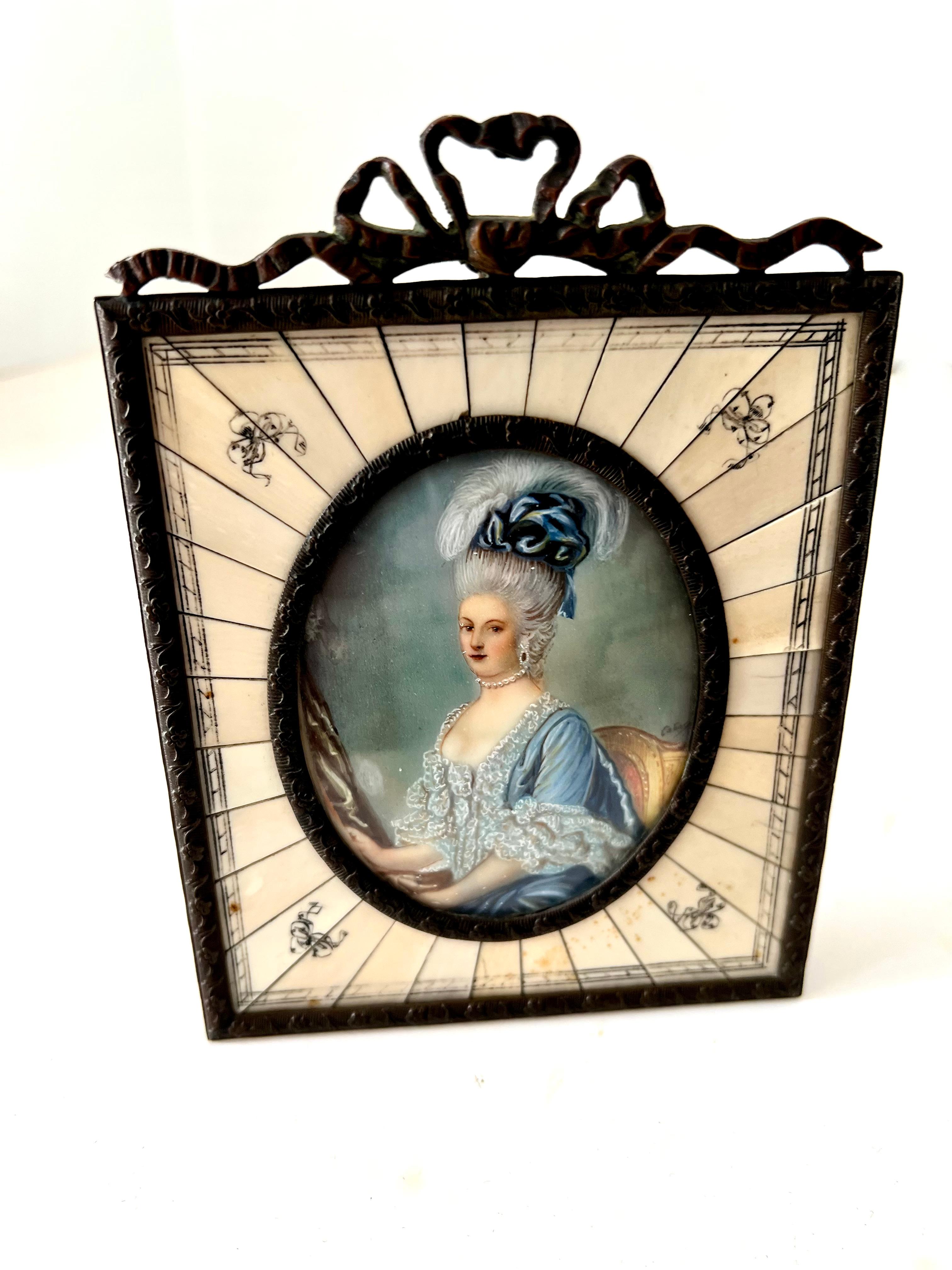 Hand Painted Miniature Portrait of a Lady ca. late 19th C. Bronze and Bone Frame For Sale 2