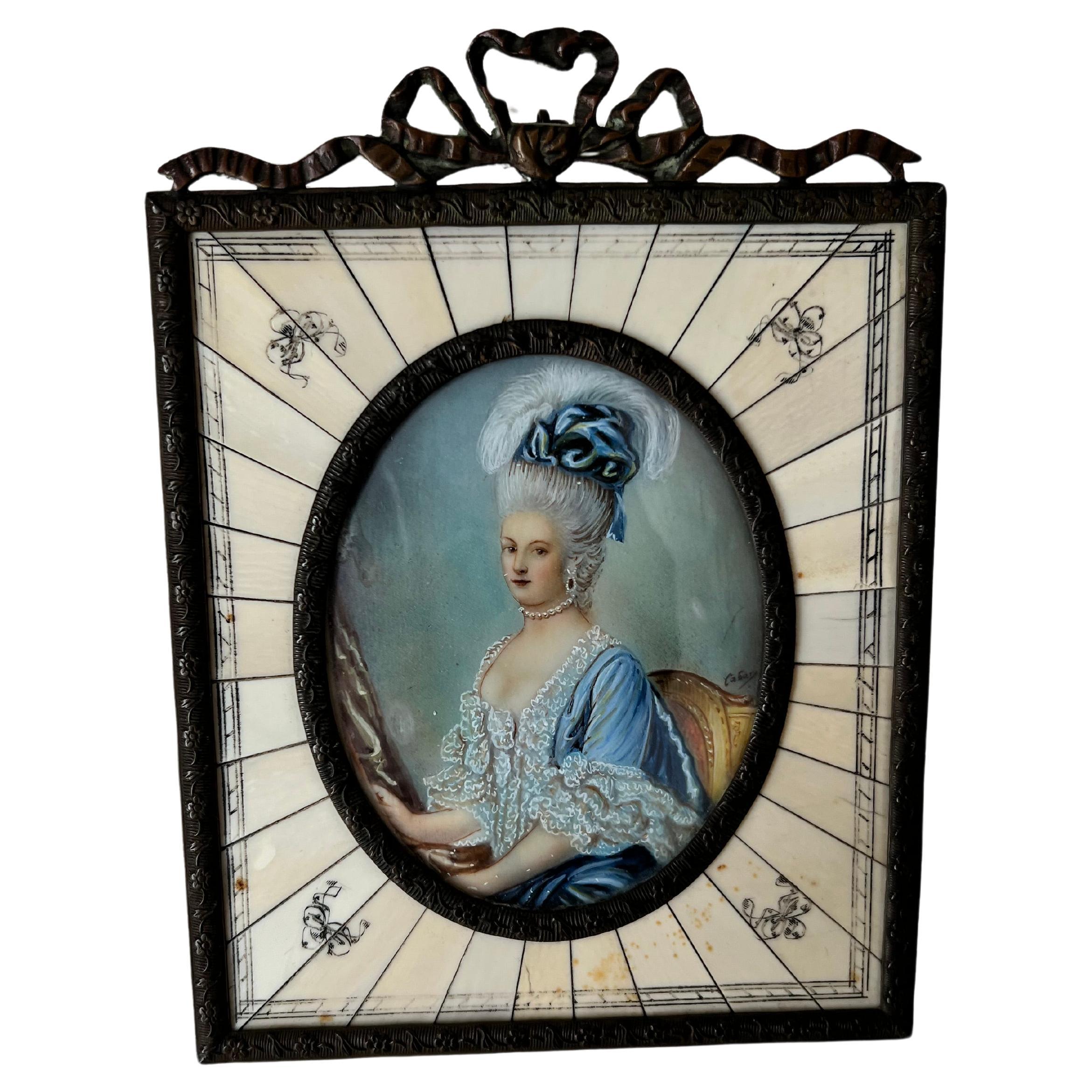 Hand Painted Miniature Portrait of a Lady ca. late 19th C. Bronze and Bone Frame For Sale