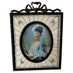 Antique Hand Painted Miniature Portrait of a Lady ca. late 19th C. Bronze and Bone Frame