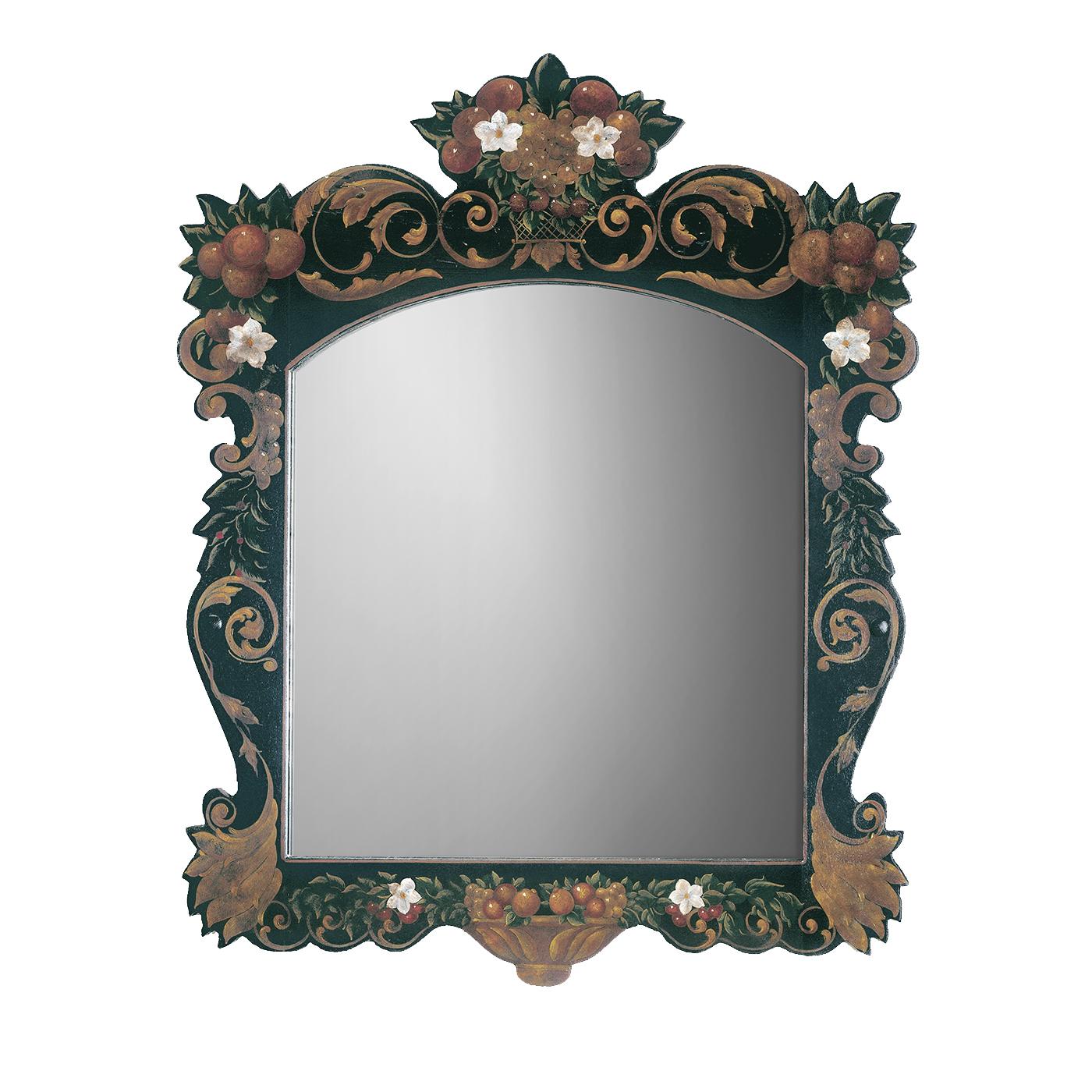 This exquisite, Renaissance-inspired mirror is a magnificent example of masterful craftsmanship. The frame was made of solid wood that was painted by hand with a series of white flowers and red fruits, punctuating the background of dark green