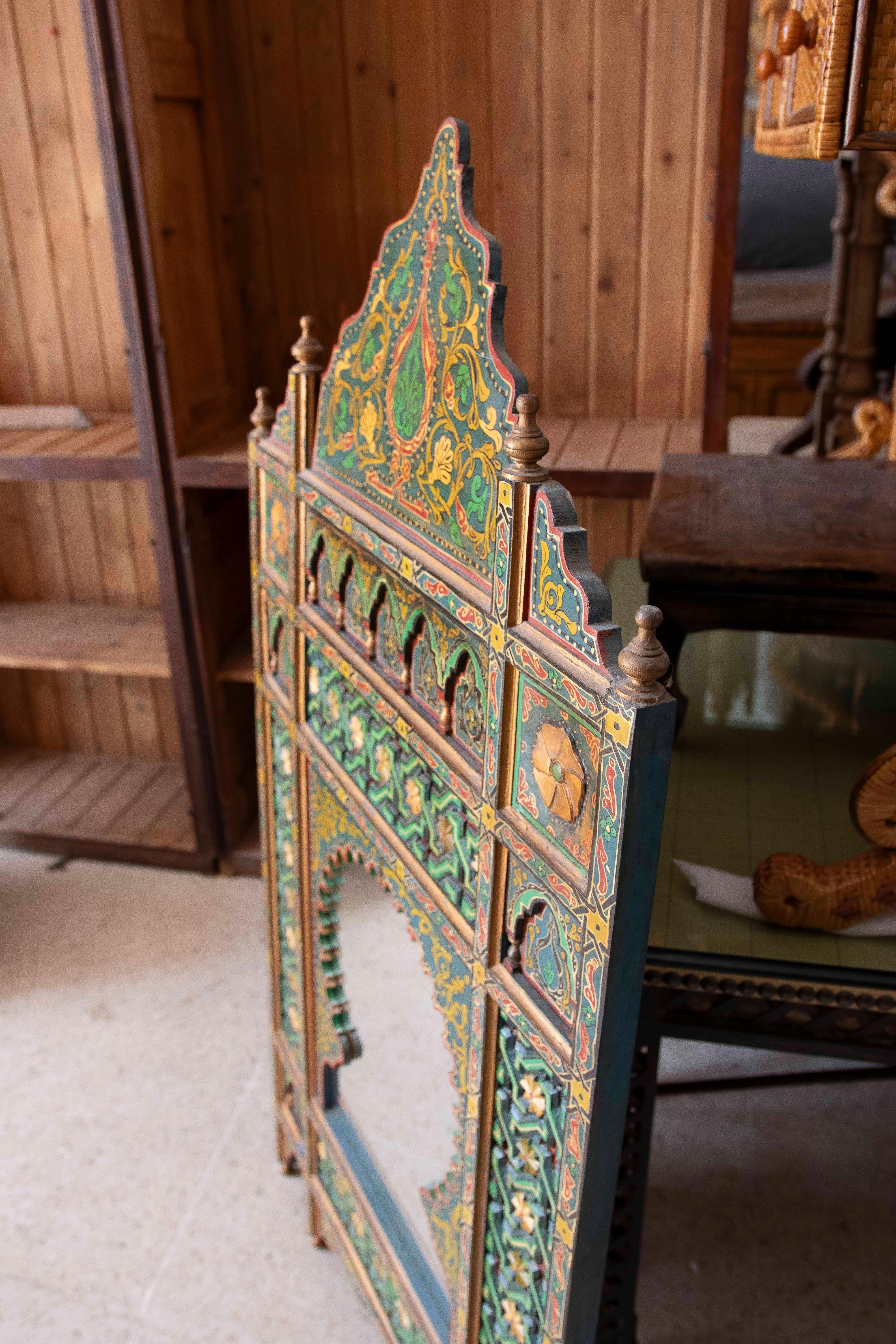 Hand-painted Moorish Style Wooden Wall Mirror with Decorations For Sale 5