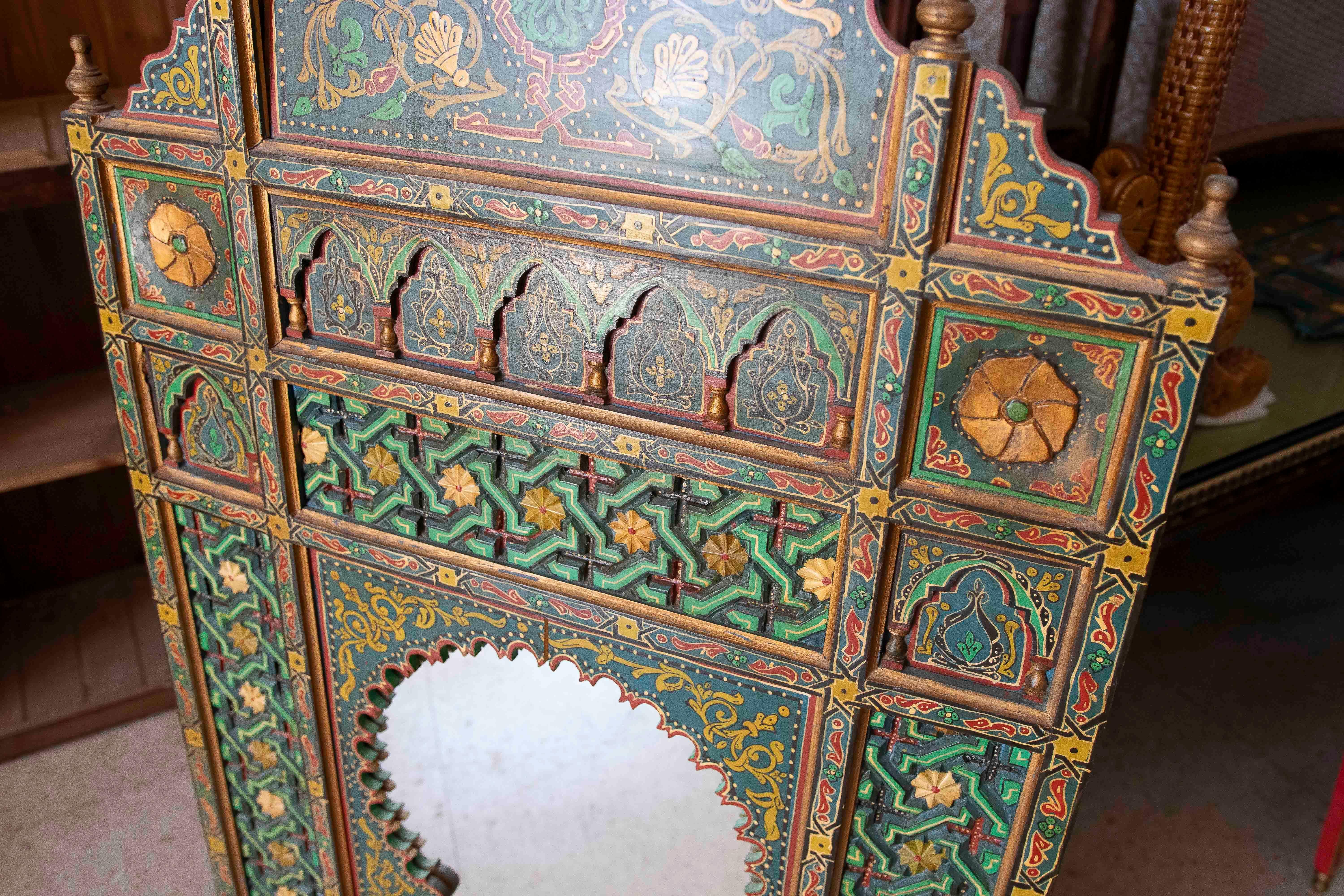 Hand-painted Moorish Style Wooden Wall Mirror with Decorations For Sale 9