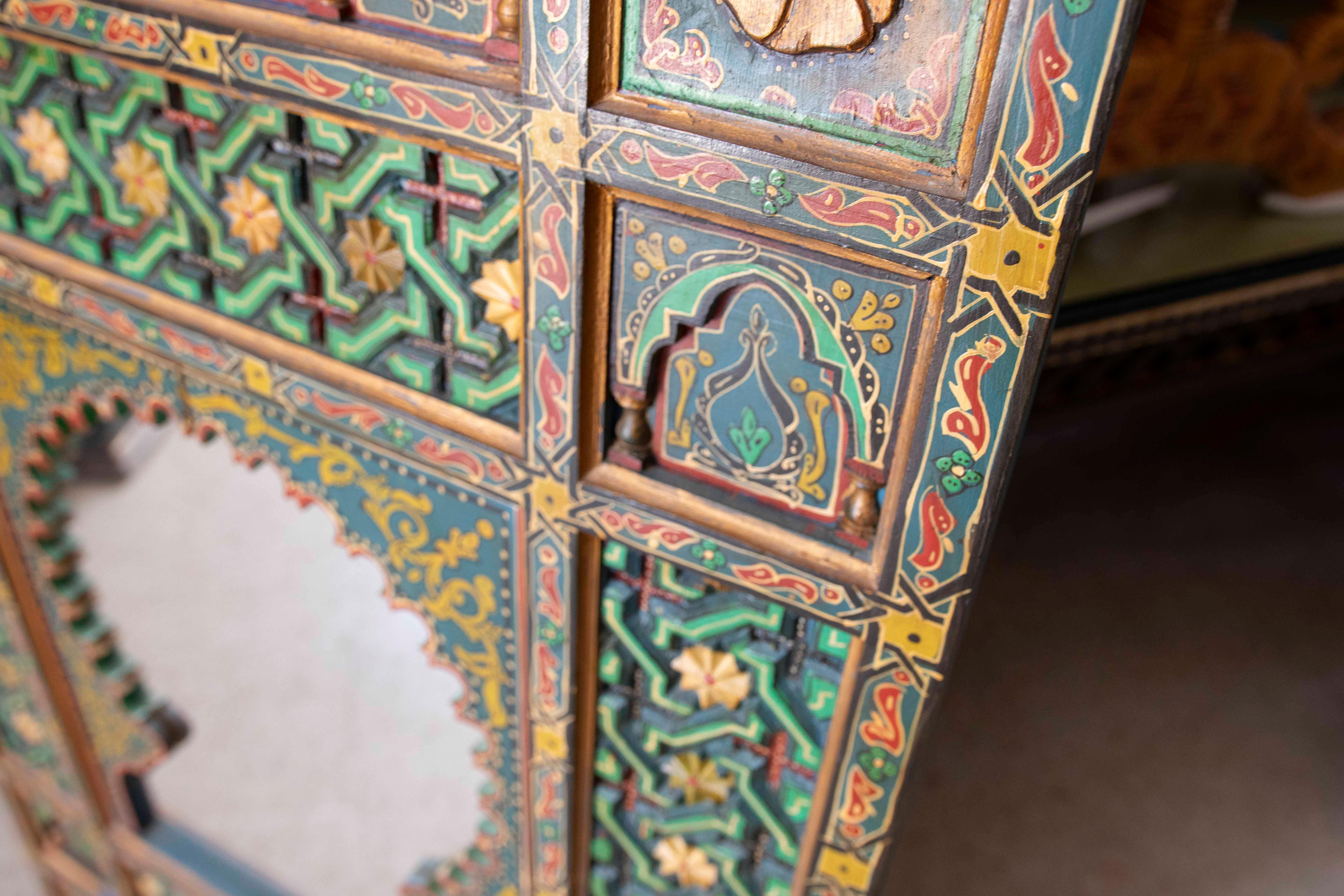 Hand-painted Moorish Style Wooden Wall Mirror with Decorations For Sale 12