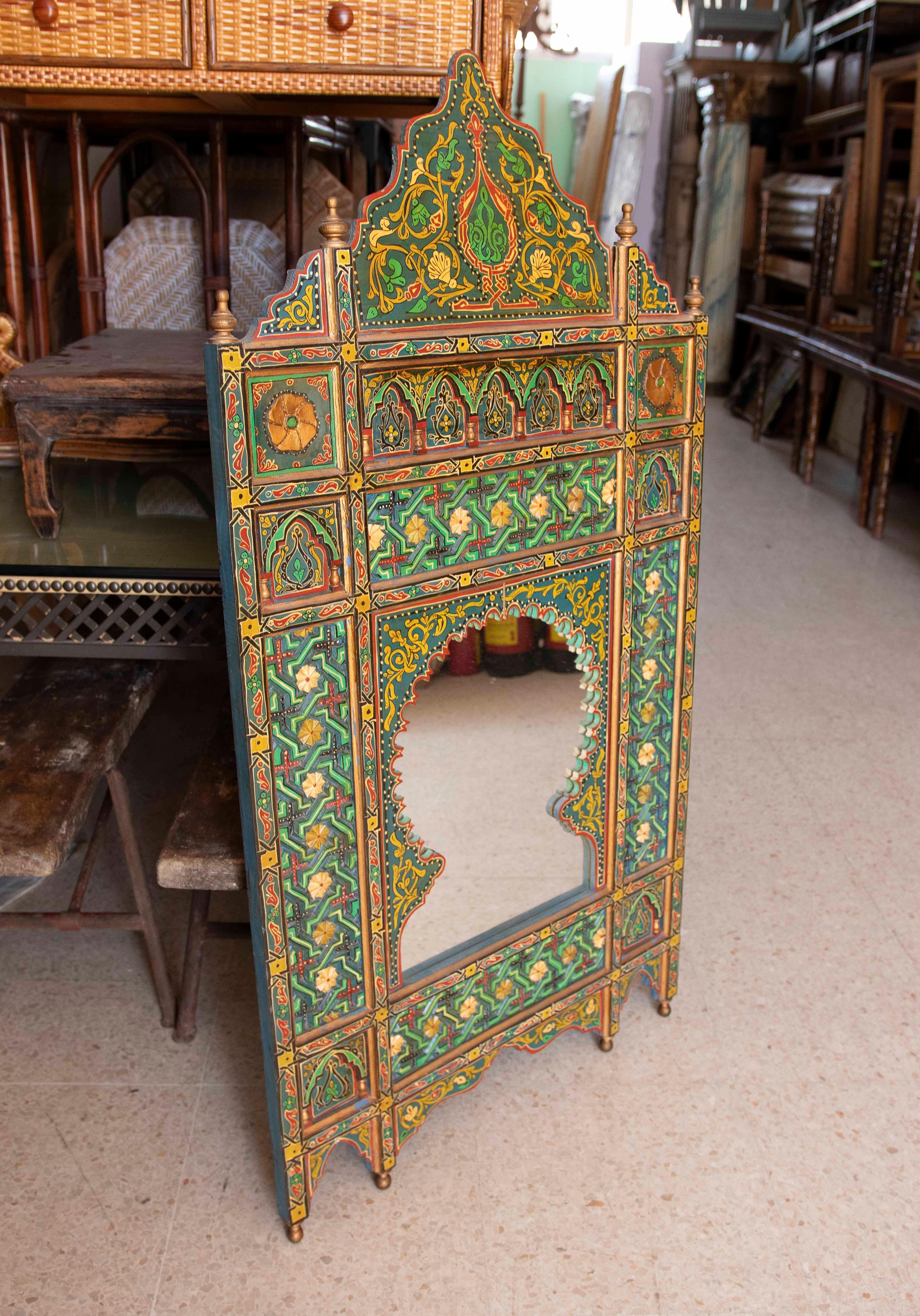 Moroccan Hand-painted Moorish Style Wooden Wall Mirror with Decorations For Sale