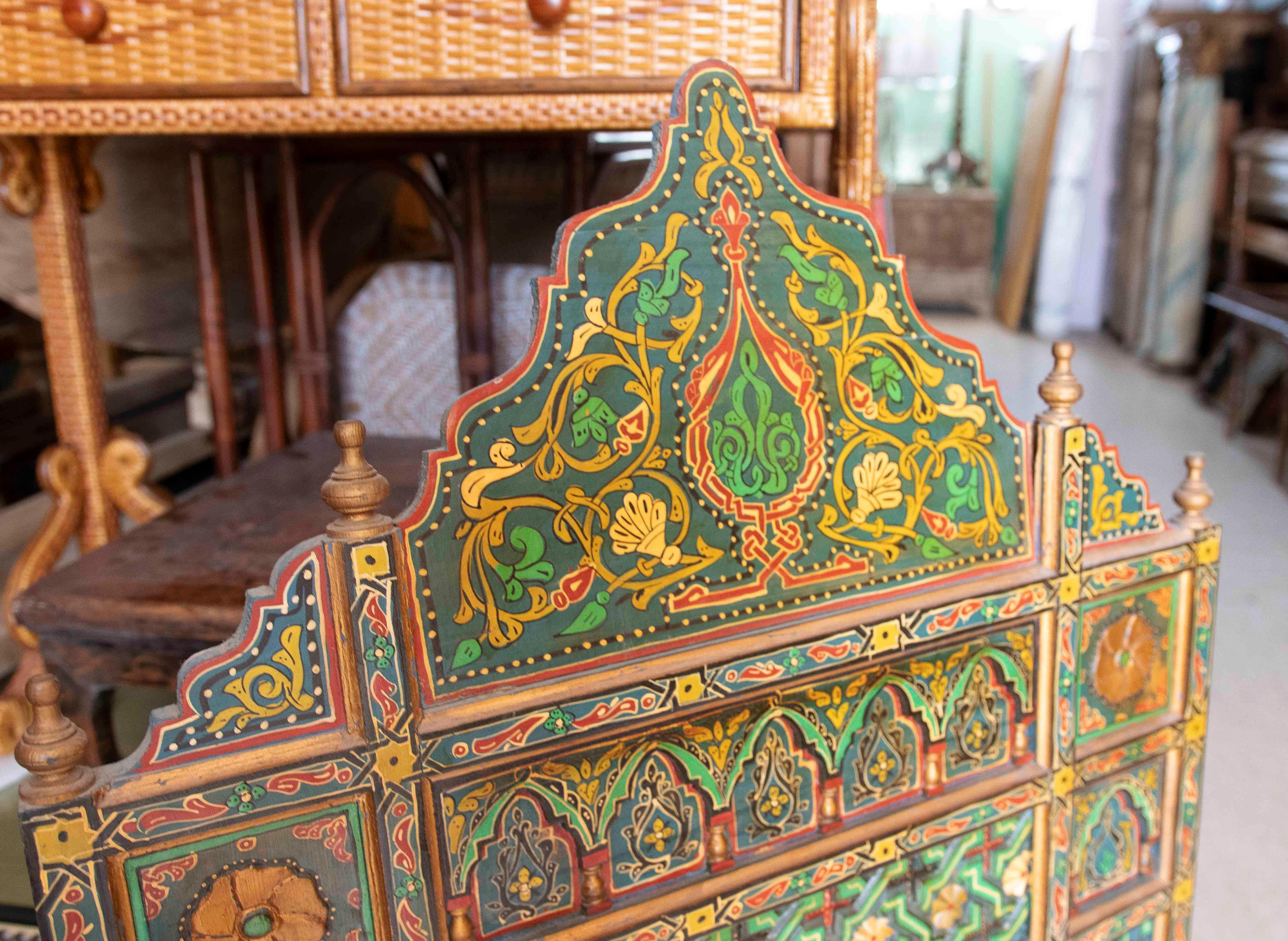 Hand-Painted Hand-painted Moorish Style Wooden Wall Mirror with Decorations For Sale