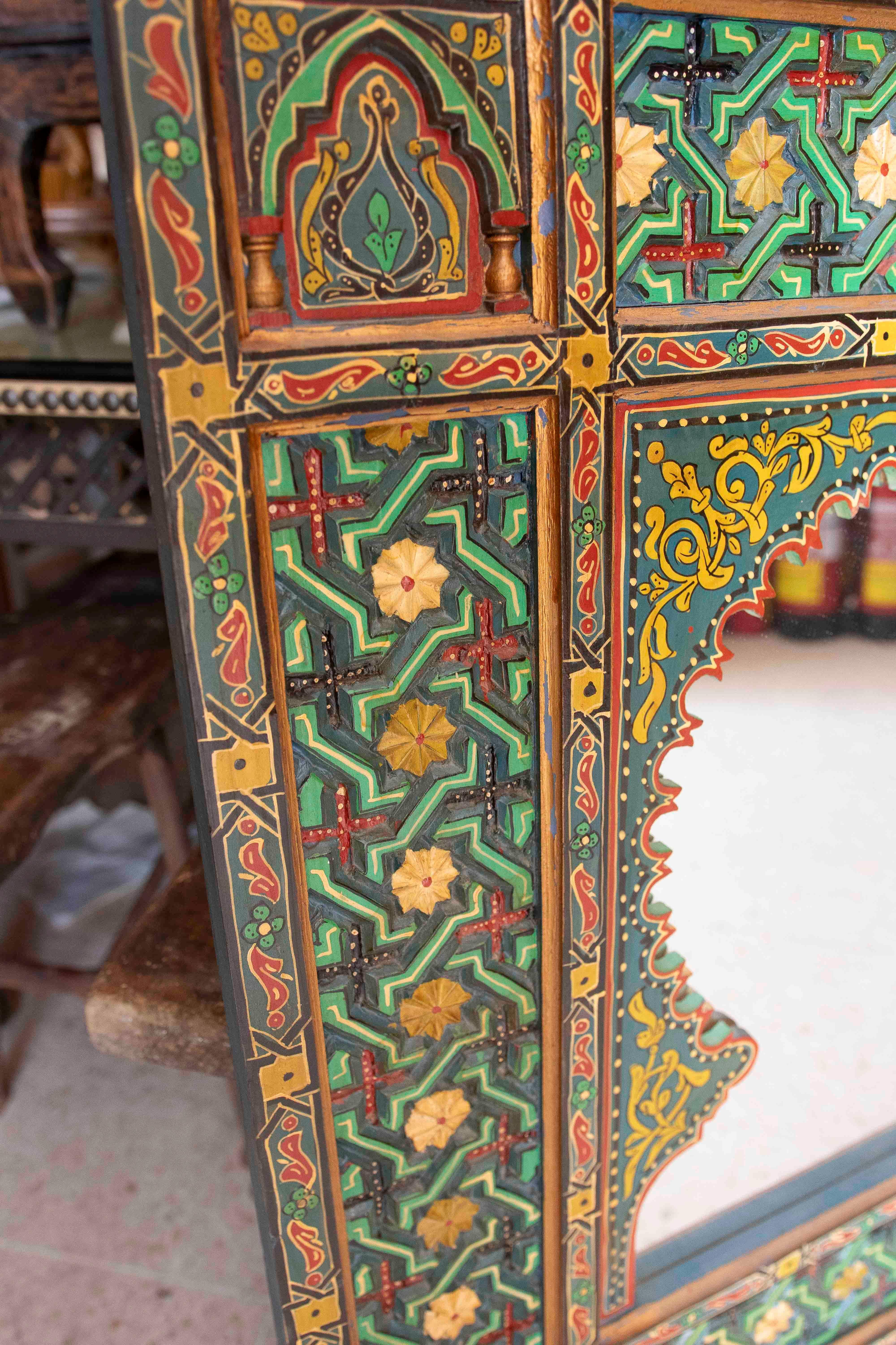 Hand-painted Moorish Style Wooden Wall Mirror with Decorations For Sale 1