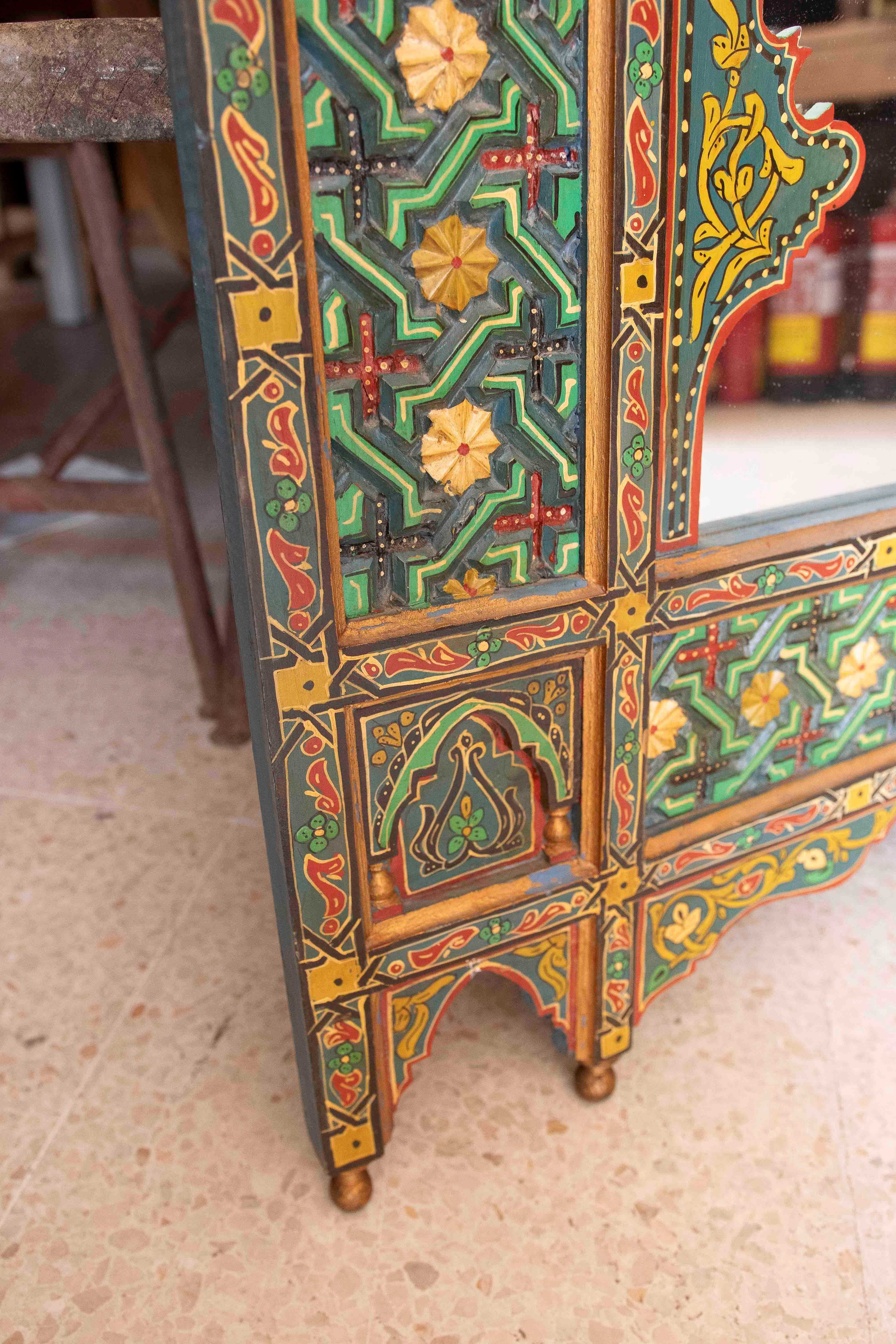 Hand-painted Moorish Style Wooden Wall Mirror with Decorations For Sale 2