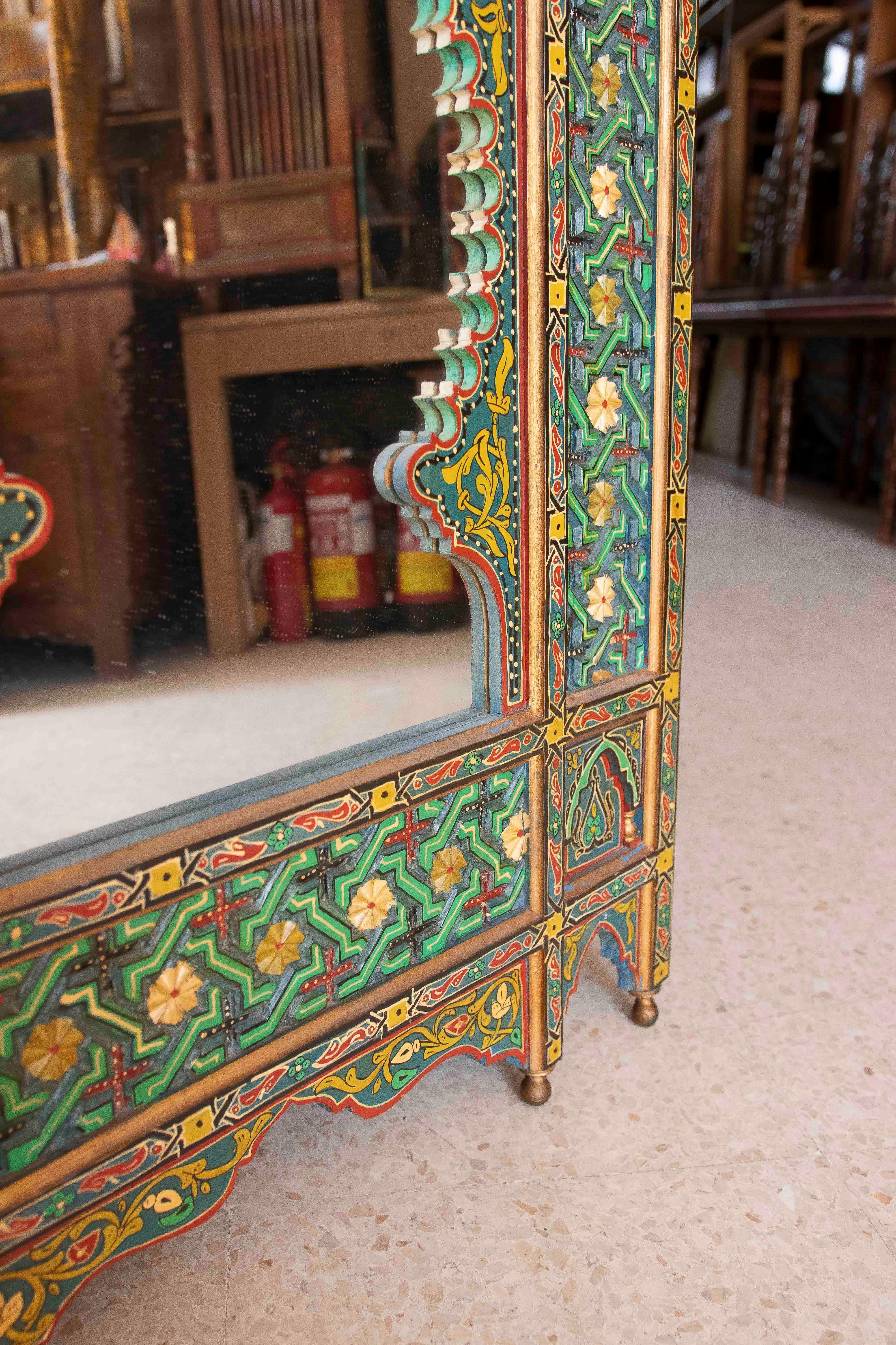 Hand-painted Moorish Style Wooden Wall Mirror with Decorations For Sale 3