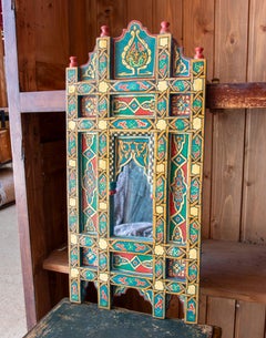 Hand-painted Moorish Style Wooden Wall Mirror with Decorations in blue colors