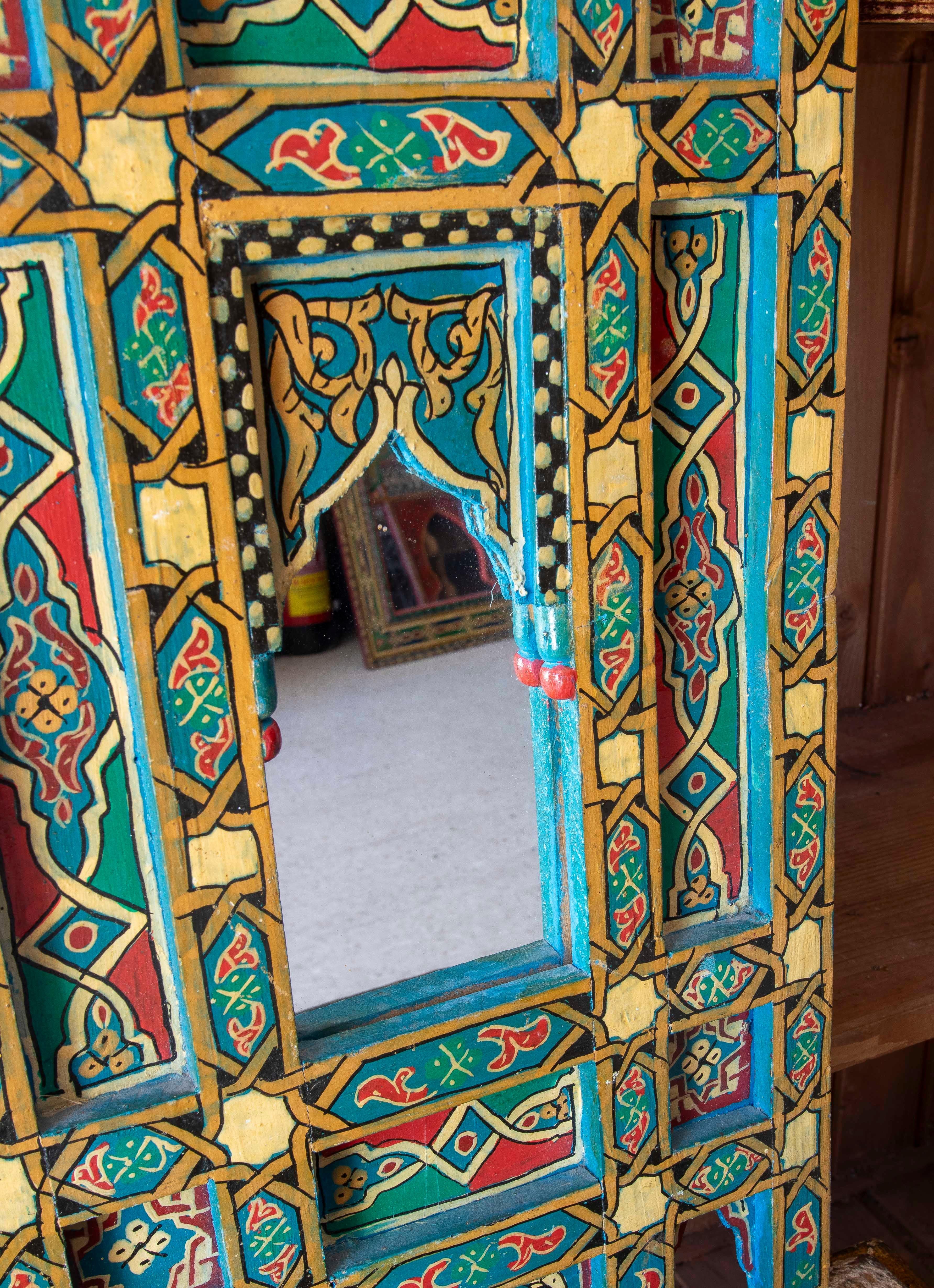 20th Century Hand-painted Moorish Style Wooden Wall Mirror with Decorations in blue colors For Sale