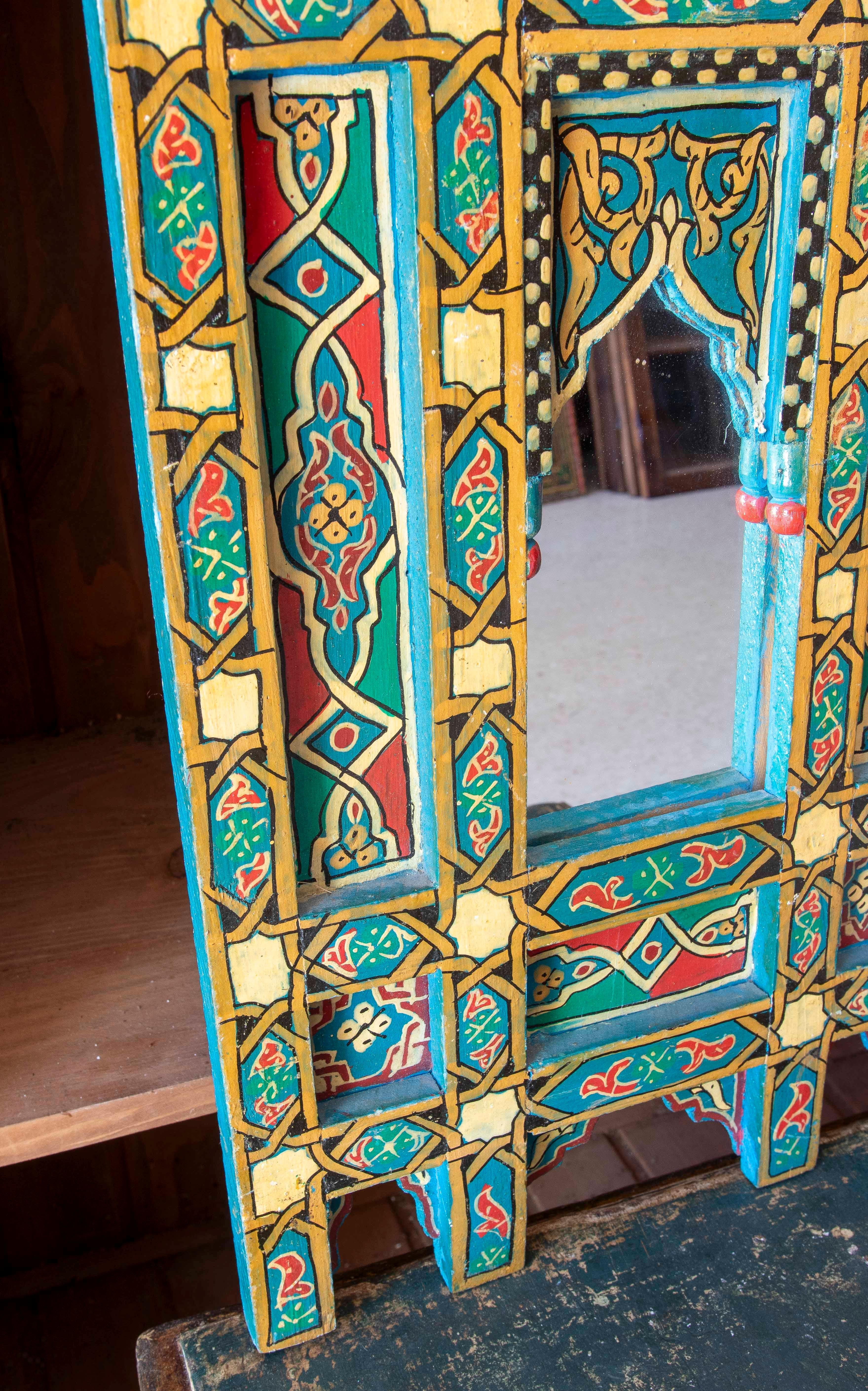 Hand-painted Moorish Style Wooden Wall Mirror with Decorations in blue colors For Sale 1