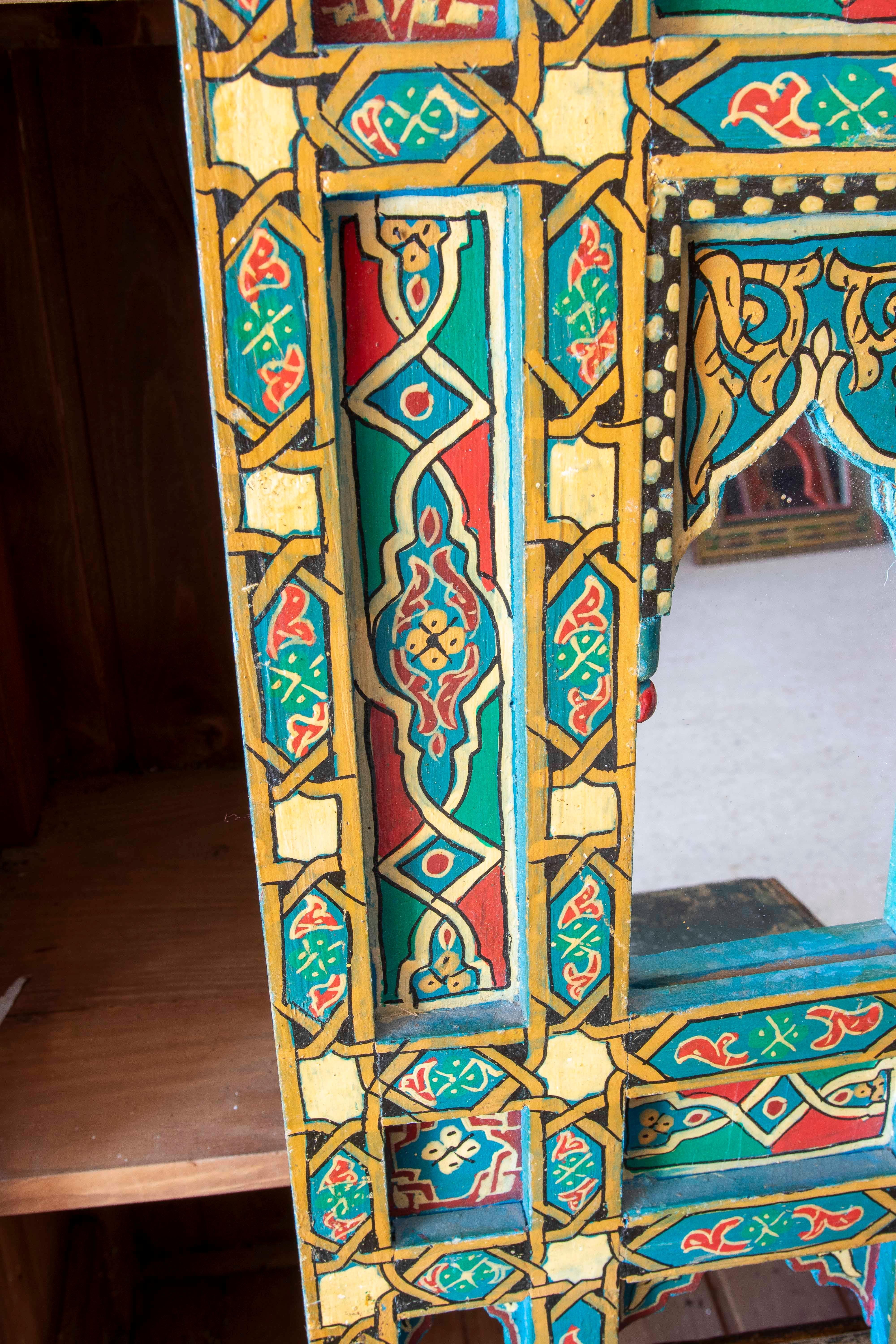 Hand-painted Moorish Style Wooden Wall Mirror with Decorations in blue colors For Sale 2