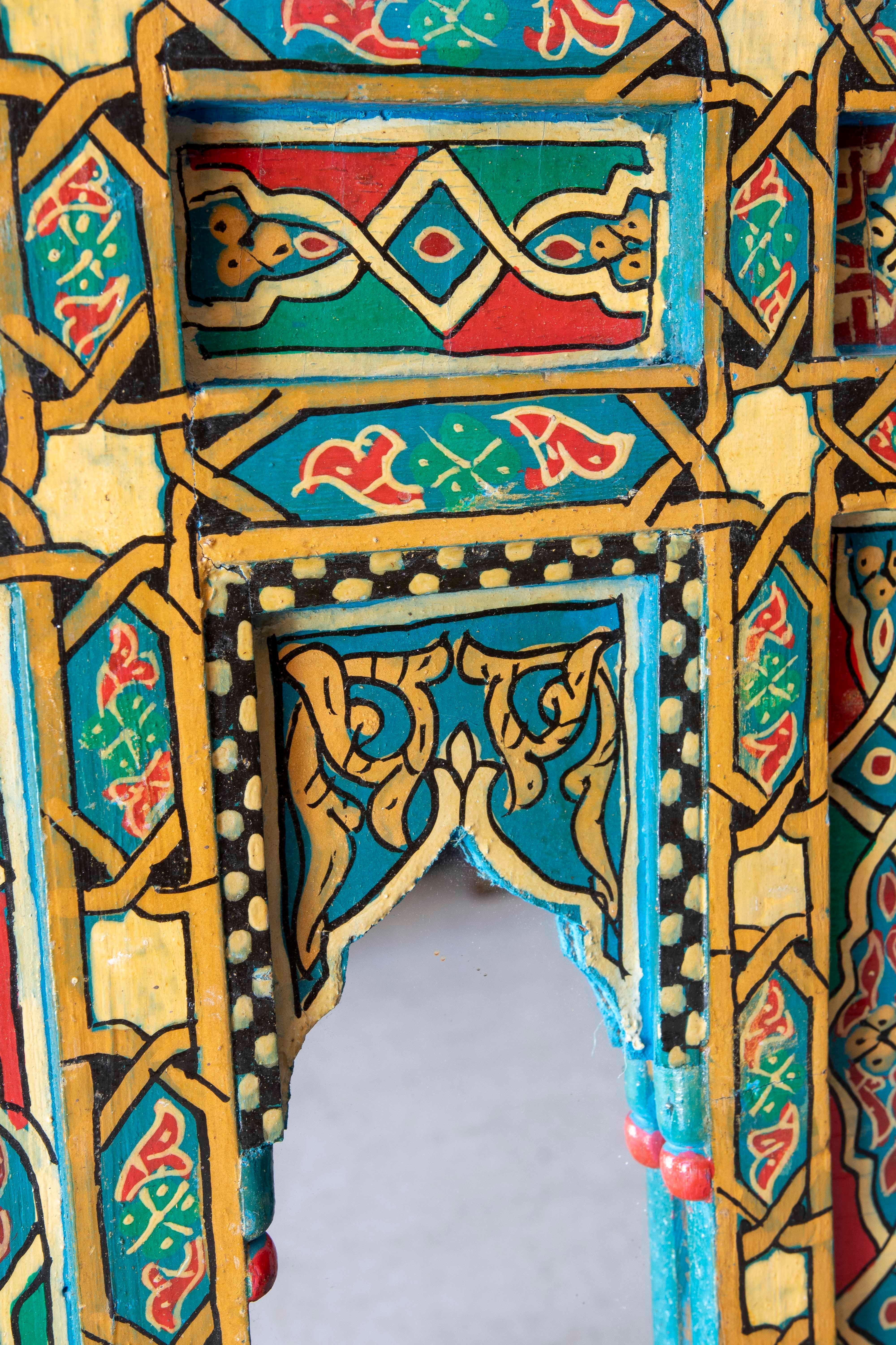 Hand-painted Moorish Style Wooden Wall Mirror with Decorations in blue colors For Sale 3