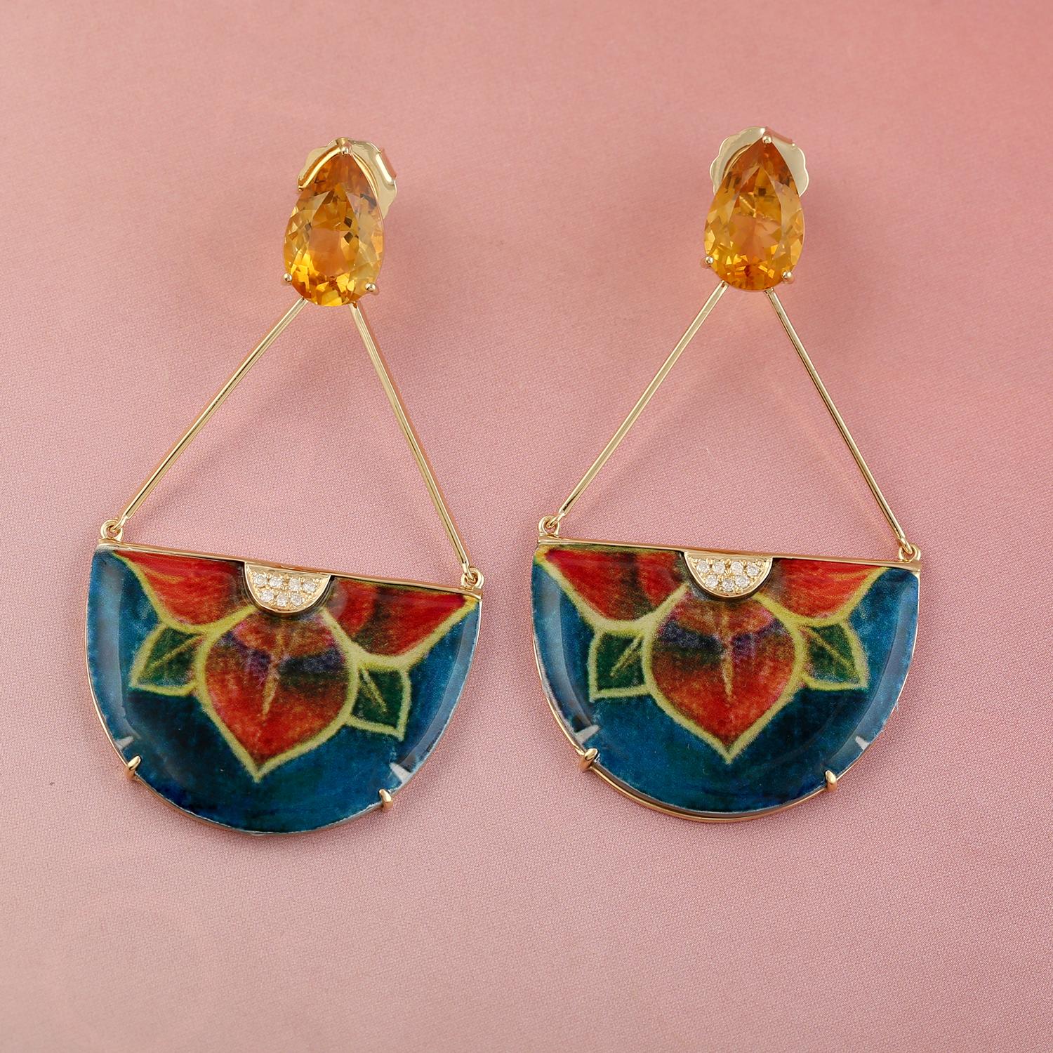 Art déco Boucles d'oreilles pendantes en or jaune 18k peintes à la main avec citrine et diamants en vente